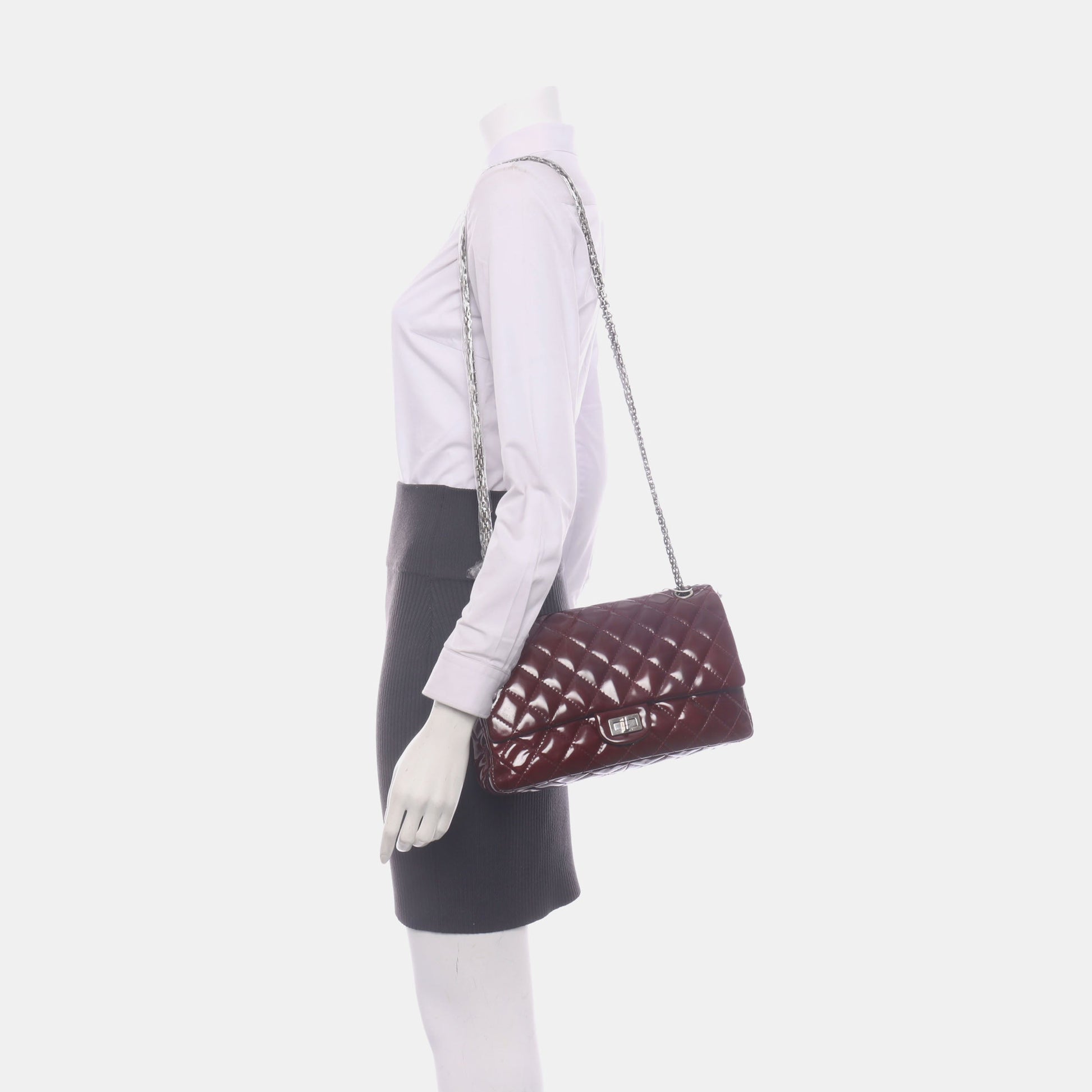 Chanel 2.55 Jumbo Double Flap Burgundy Patent Silver Leather Handbag