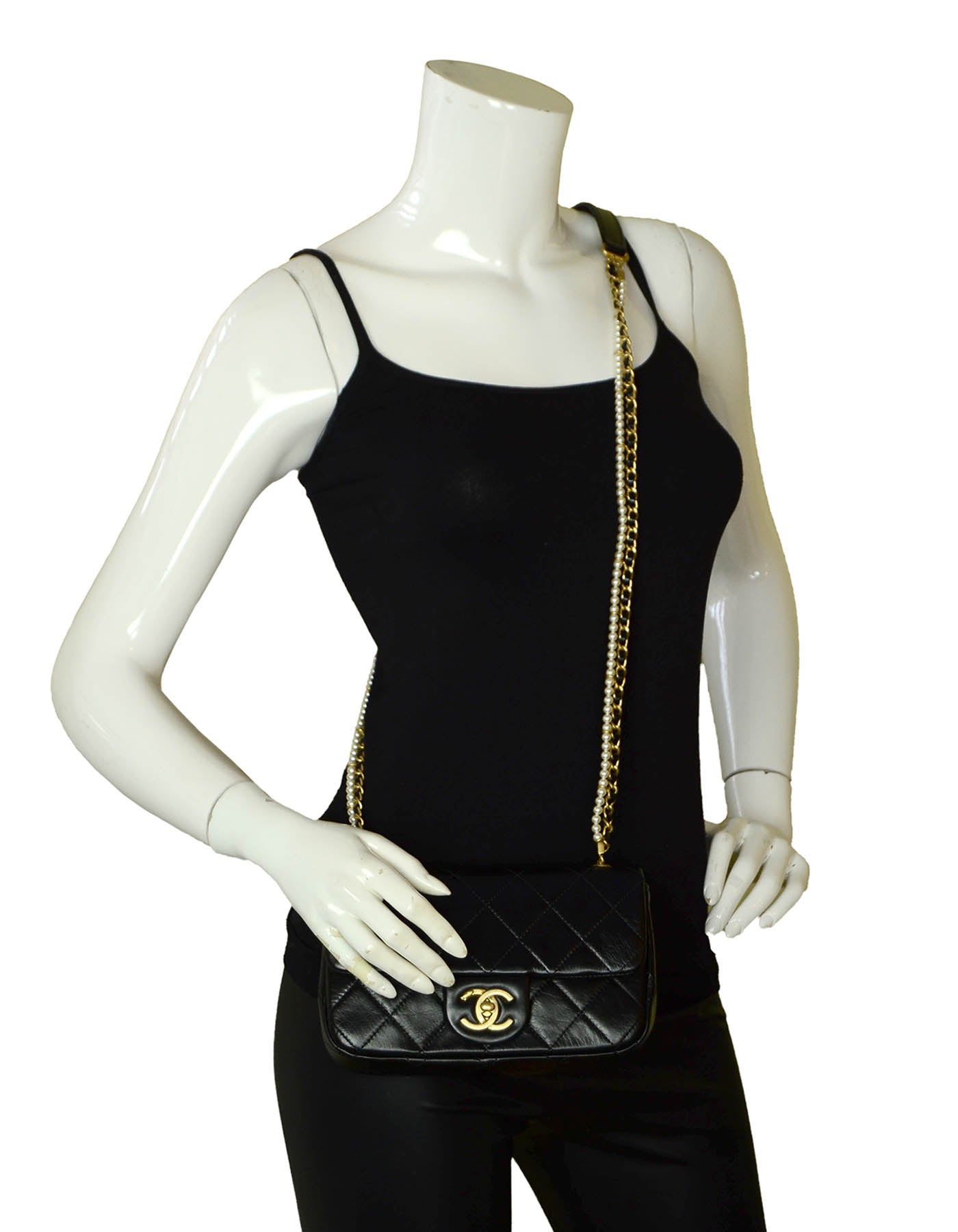 Chanel Black Calfskin Crystal Pearls Small Mini Flap Crossbody Bag