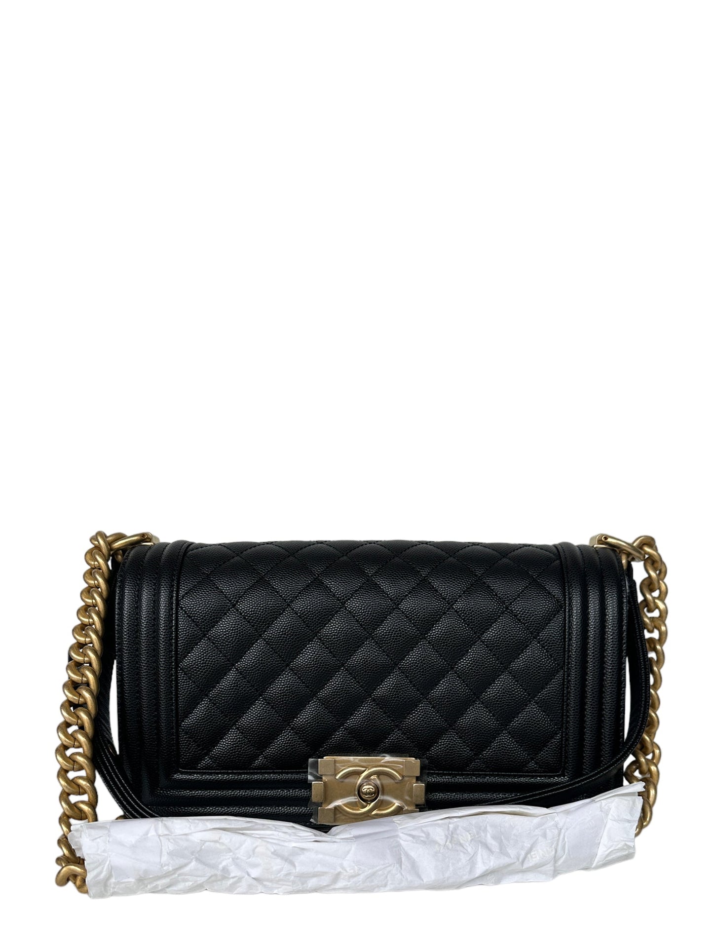 Chanel New Black Caviar Leather Quilted Medium Boy Bag