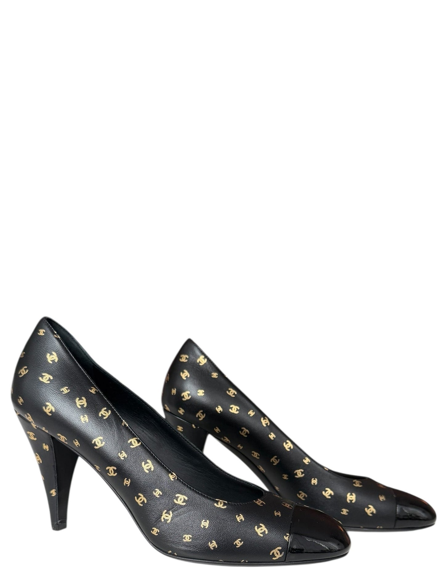Chanel New Black Cc Print Pumps Sz 39.5 Women Shoes
