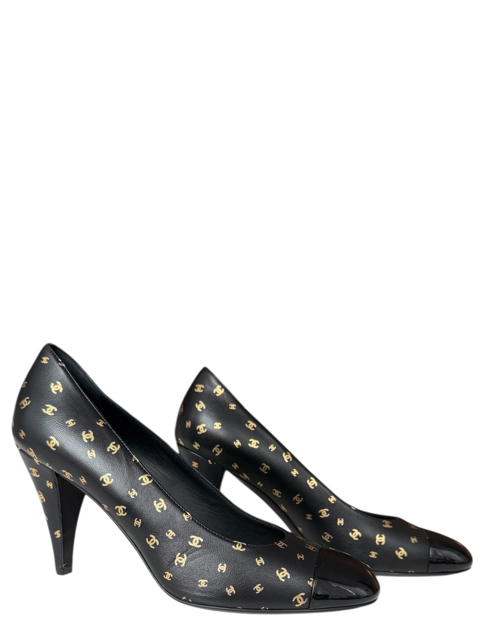 Chanel New Black Cc Print Pumps Sz 39.5 Women Shoes