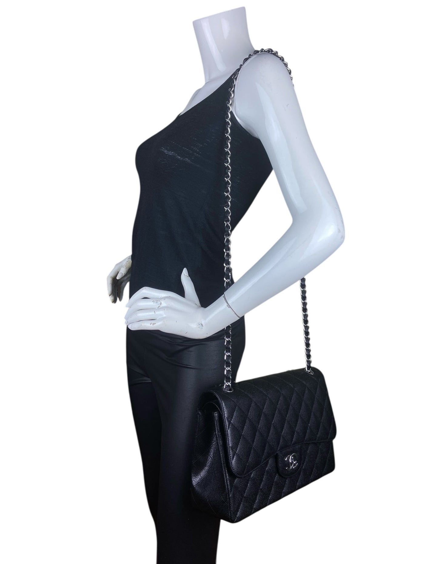 Chanel Black Caviar Leather Double Flap Jumbo Women Shoes