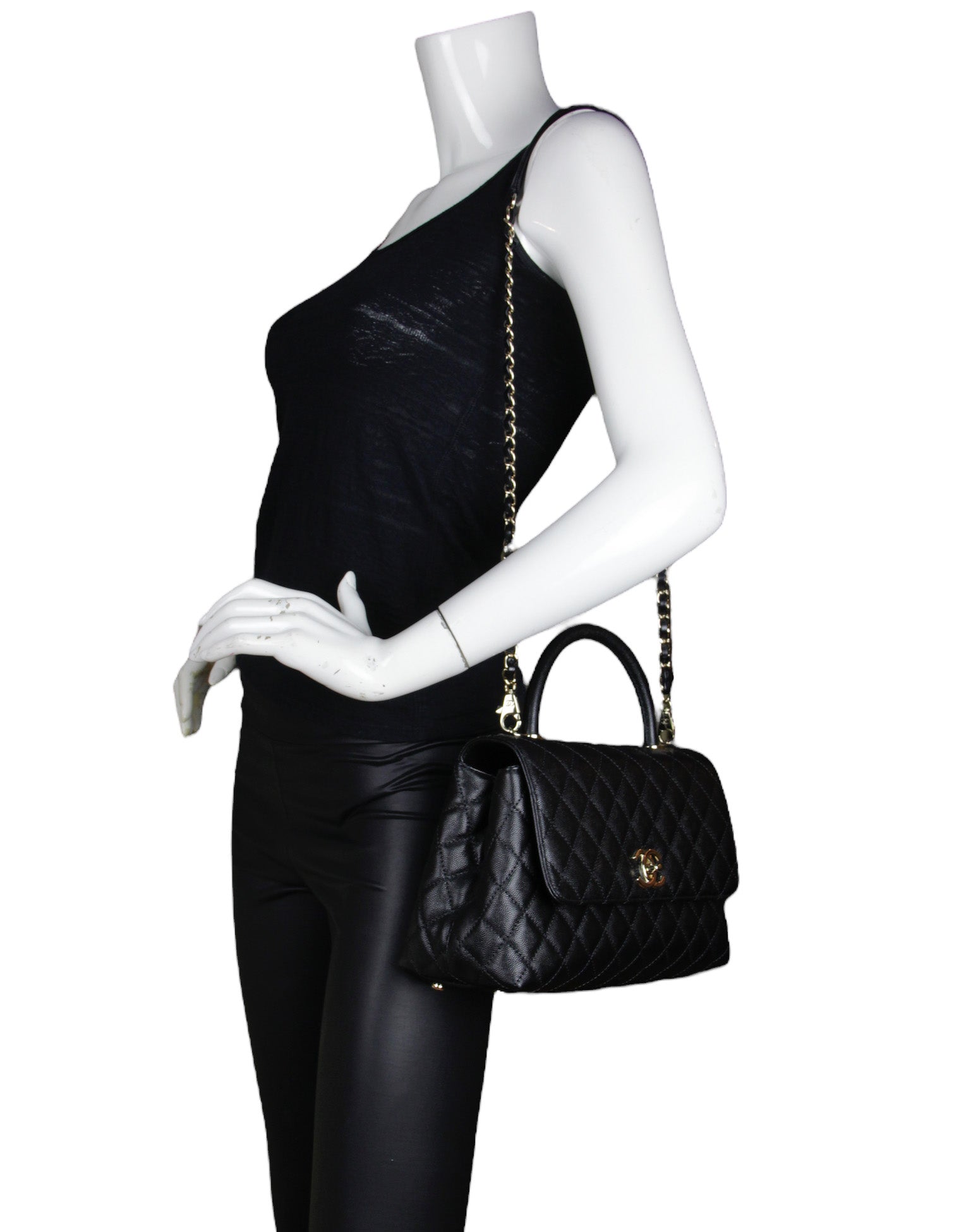 10CHANEL Black Caviar Leather Quilted Coco Handle Flap Bag 100