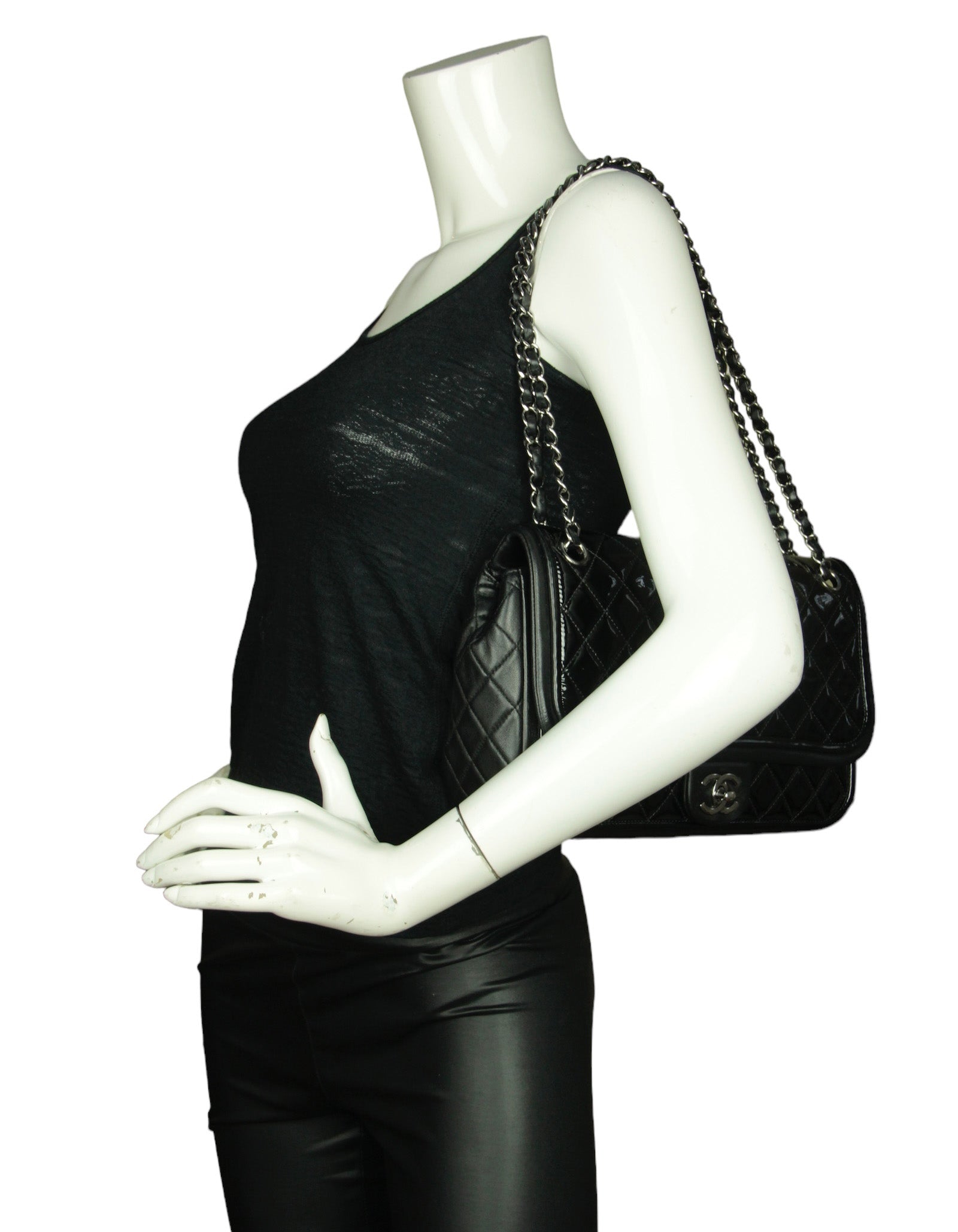 Chanel Black Classic Twist Patent Flap W/ Lambskin Trim Women Shoes
