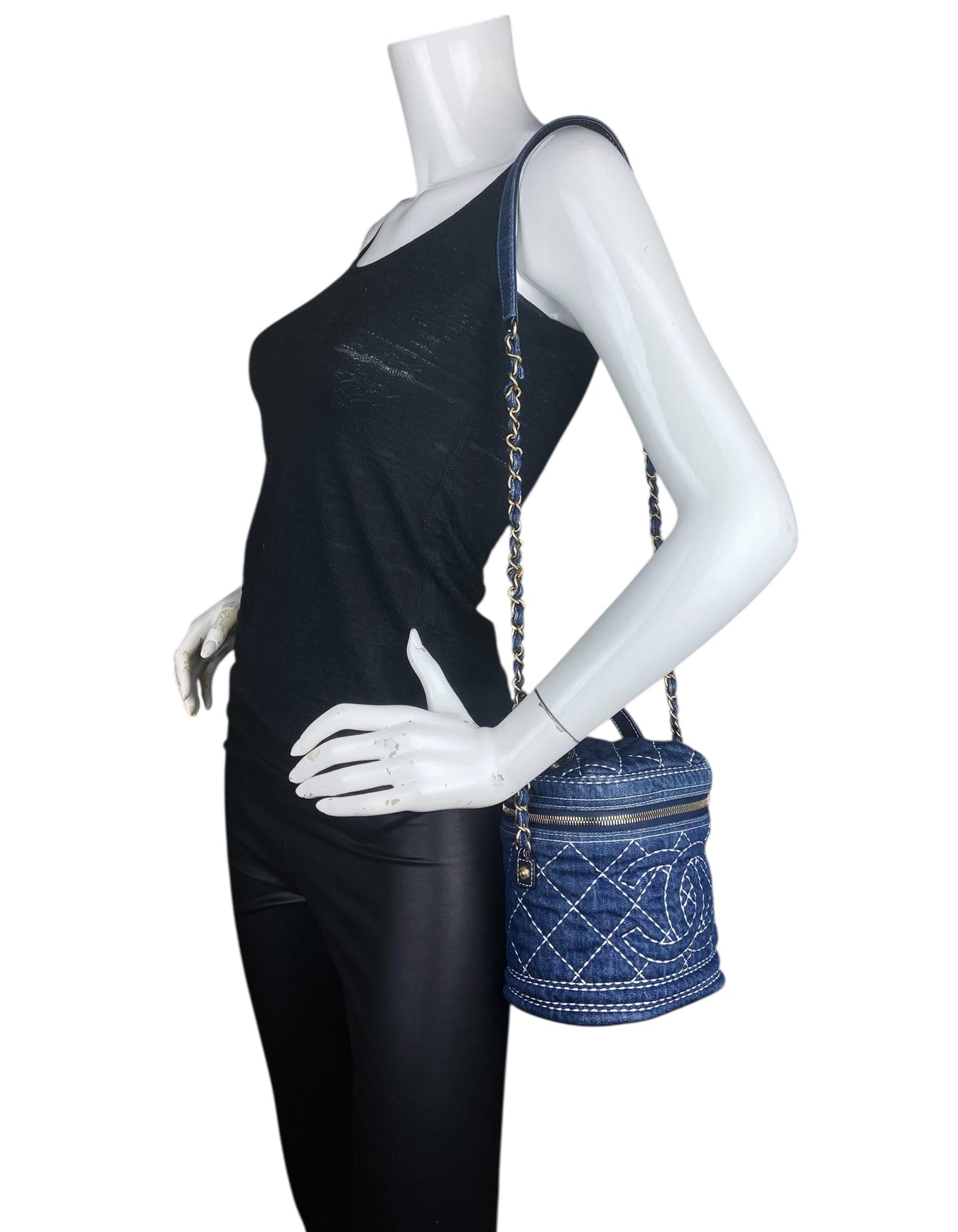 Chanel Denim Quilted CC Vanity Case W/ Strap Handbag