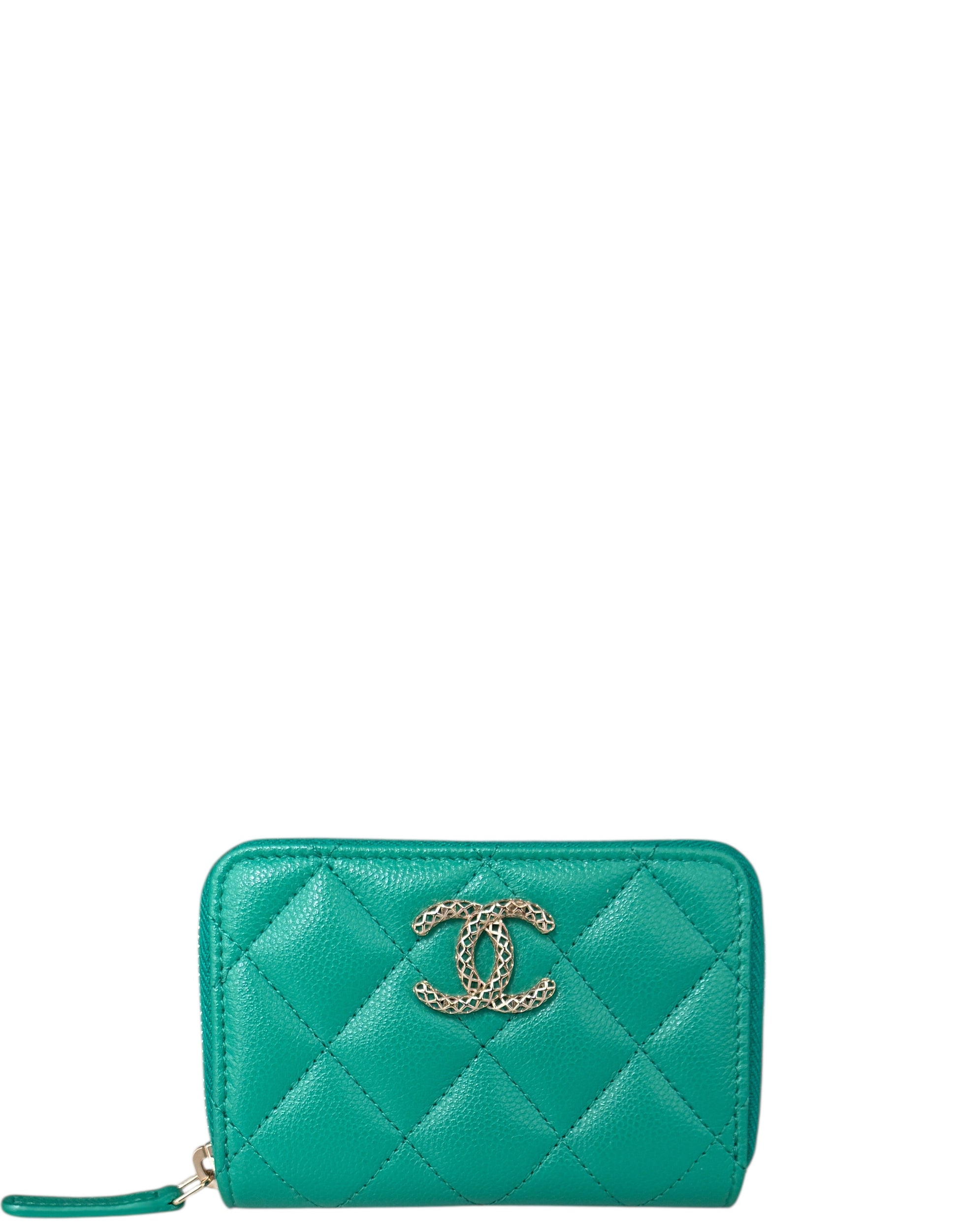 Chanel Green Caviar Quilted Zip Coin Purse Bag