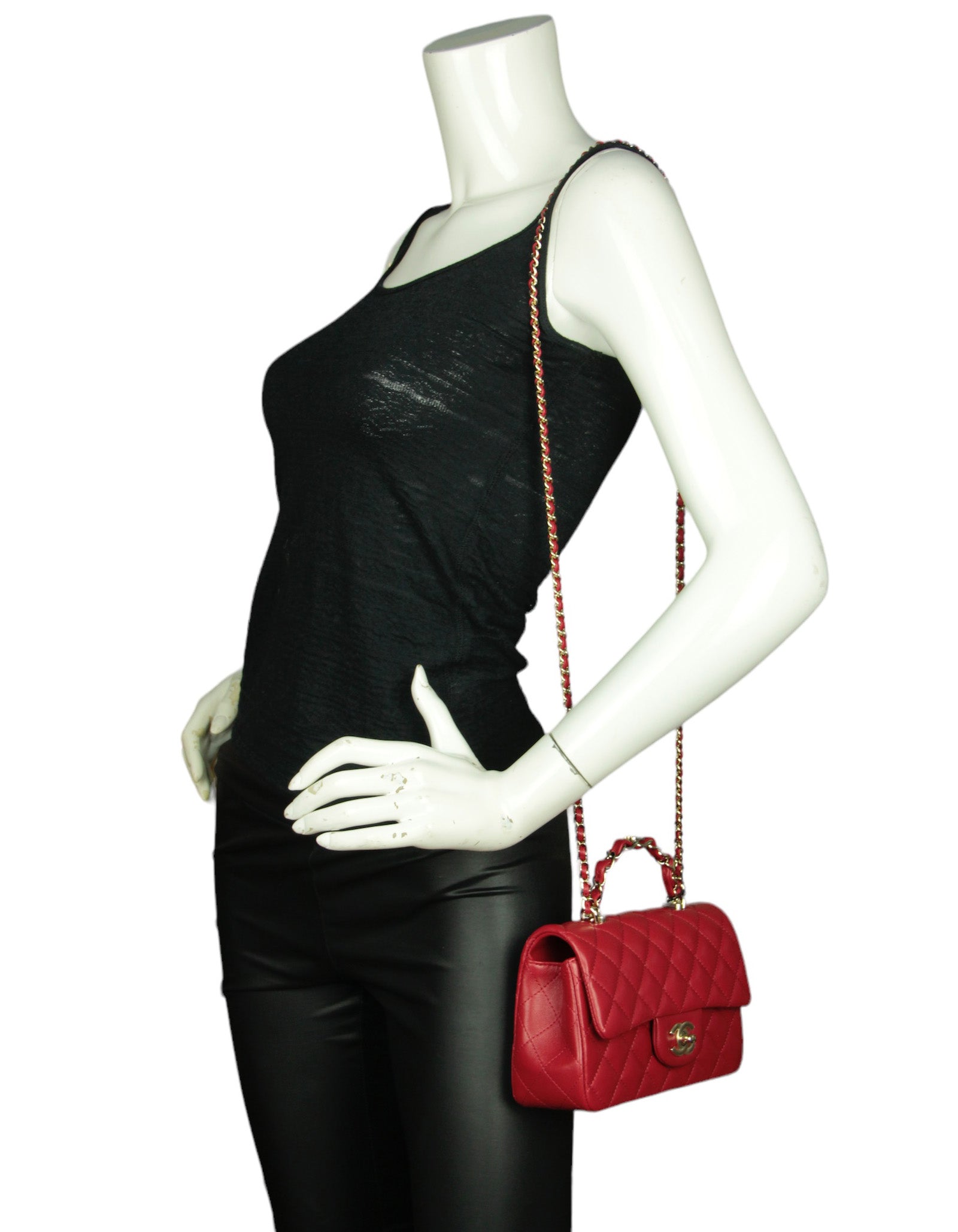 Chanel Nwt Red Lambskin Quilted Mini Top Handle Rectangular Flap Women Shoes