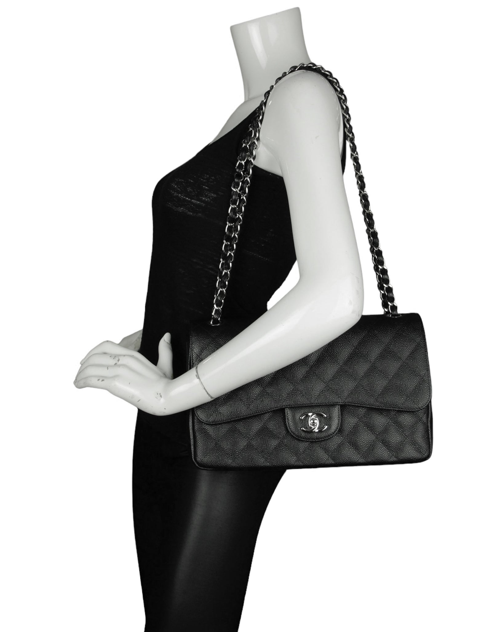 Chanel Black Caviar Leather Double Flap Jumbo Women Shoes