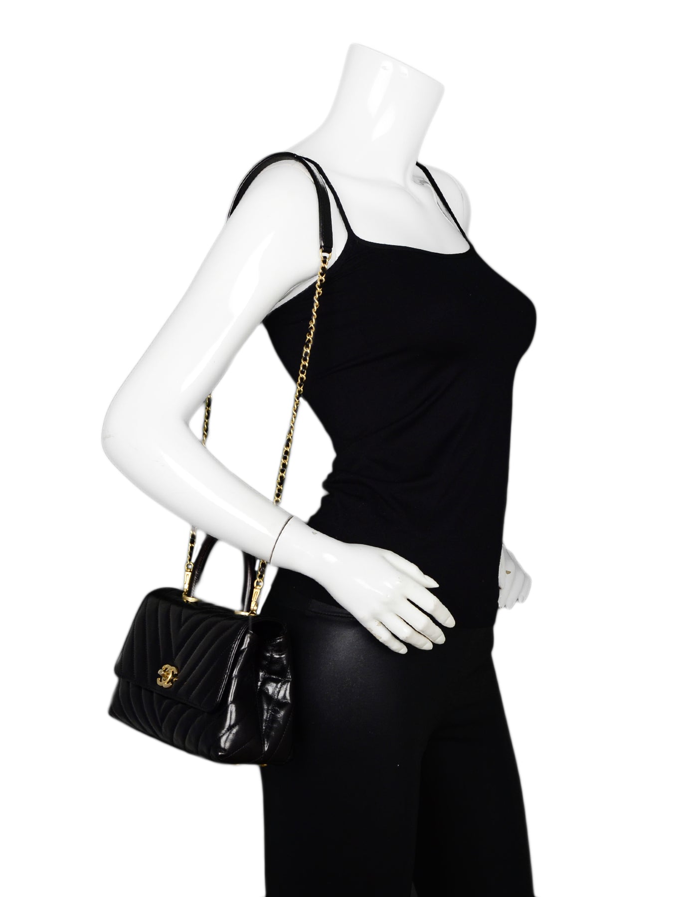 4CHANEL Black Calfkin Shiny Leather Chevron Quilted Mini Coco Handle Flap Bag with Strap 100 14990 B699E99A 9813 4D89 9271 0E3C501EF551