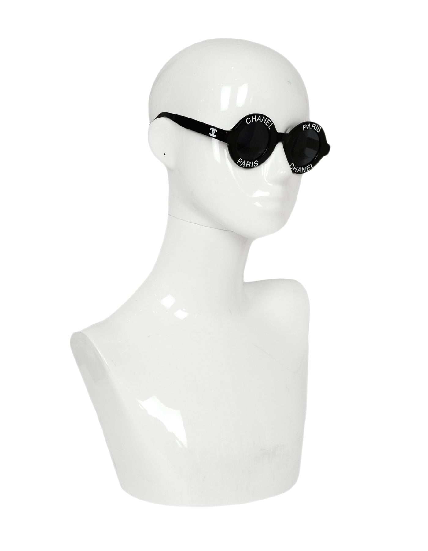 Chanel '90S Black Round Sunglasses W/ Chanel Paris Bag