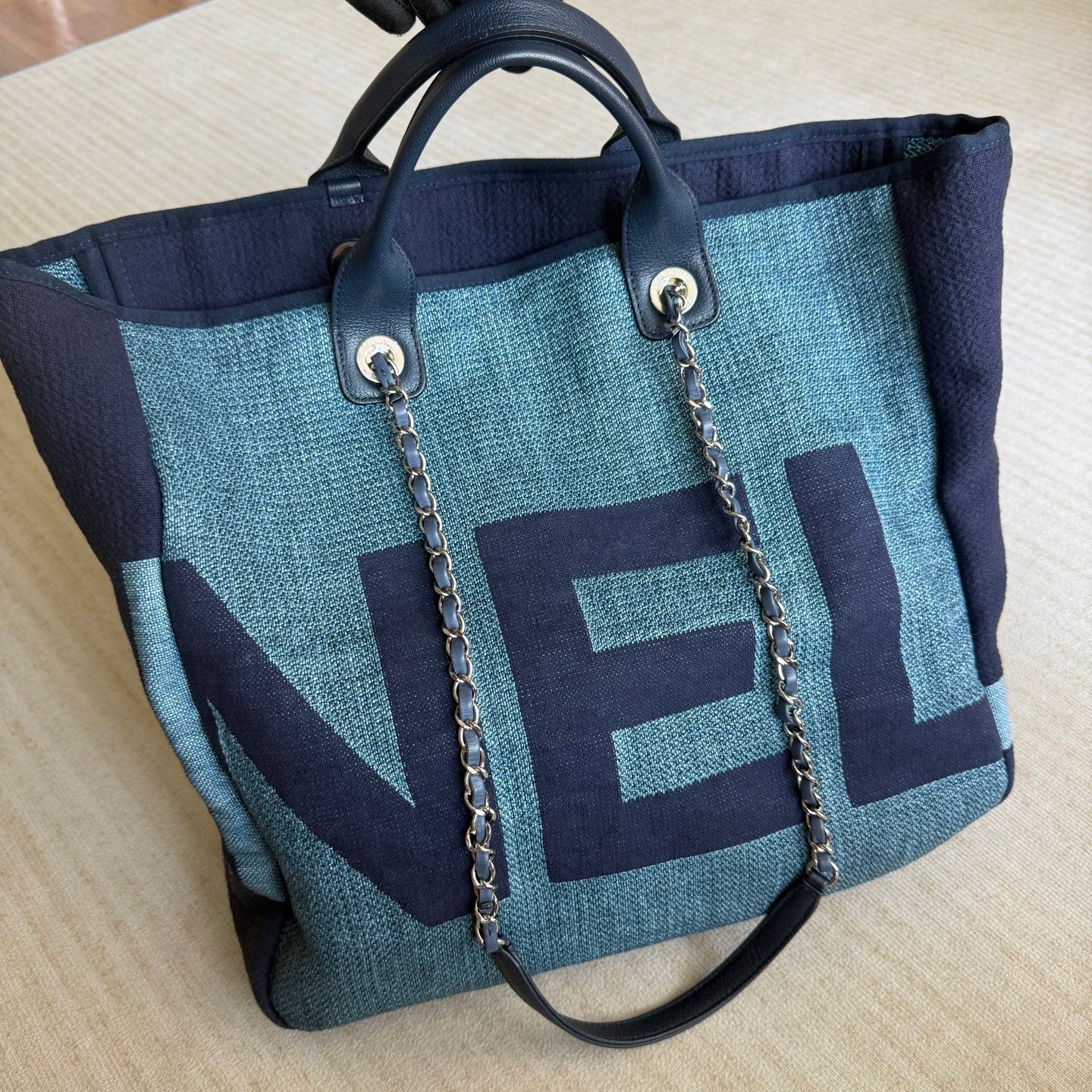 Chanel Deauville Navy Denim Top Handle Tote Bag Handle 2