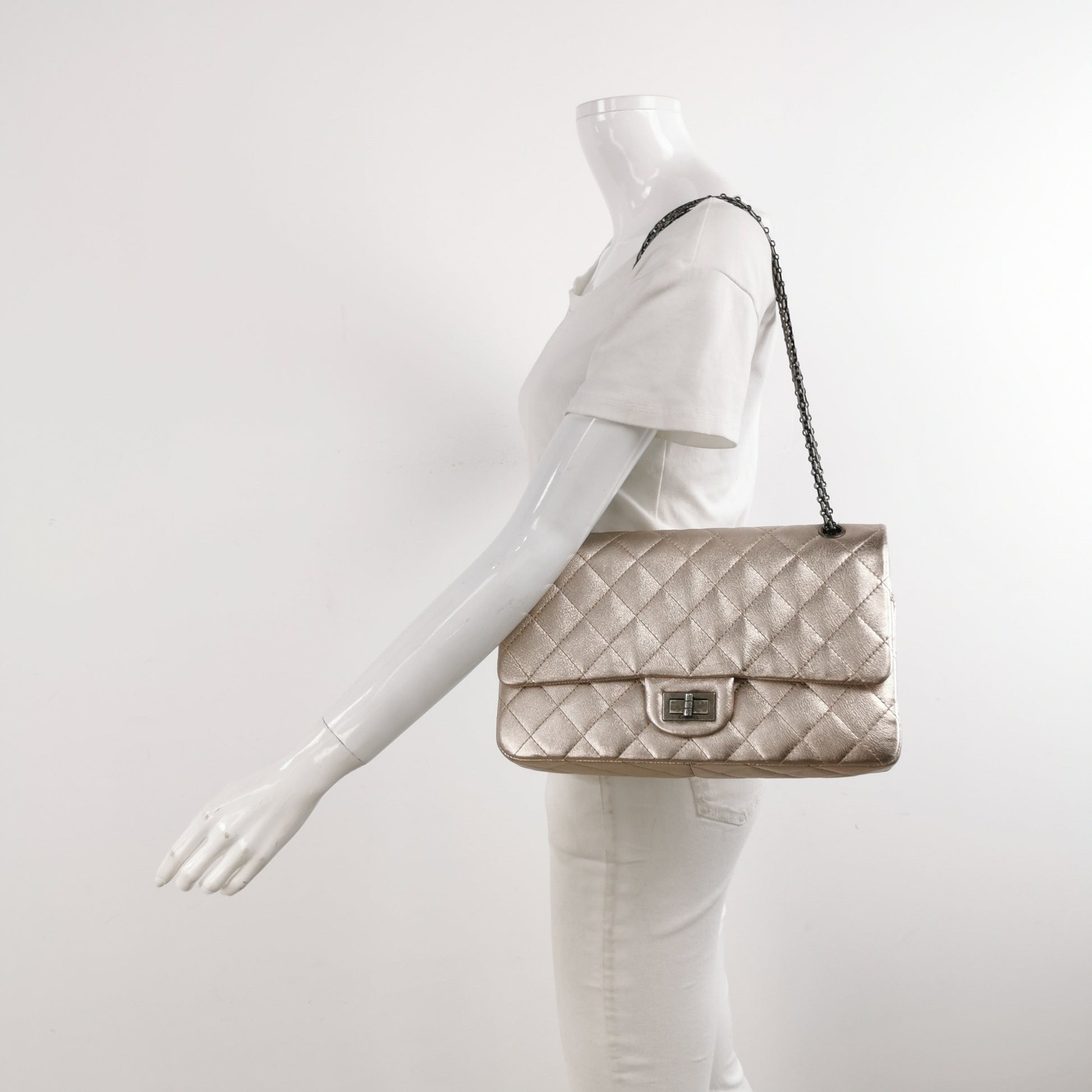 Chanel 2.55 Flap Maxi Rose Iridescent Lambskin Gold Silver Leather Shoulder Bag