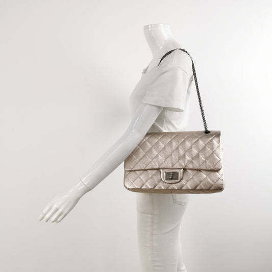Chanel 2.55 Flap Maxi Rose Iridescent Lambskin Gold Silver Leather Shoulder Bag