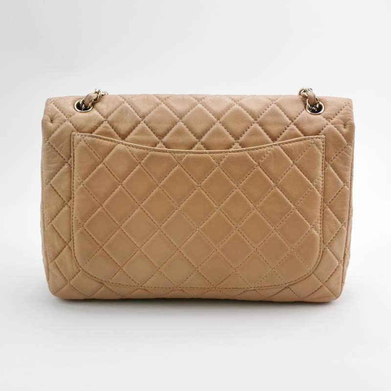 Chanel Classic Flap Maxi Latte Lambskin Giant Gold Beige Leather Handbag