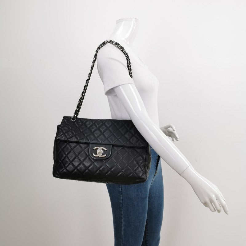Chanel Classic Flap Maxi Soft Caviar -tone Black Silver Leather Handbag