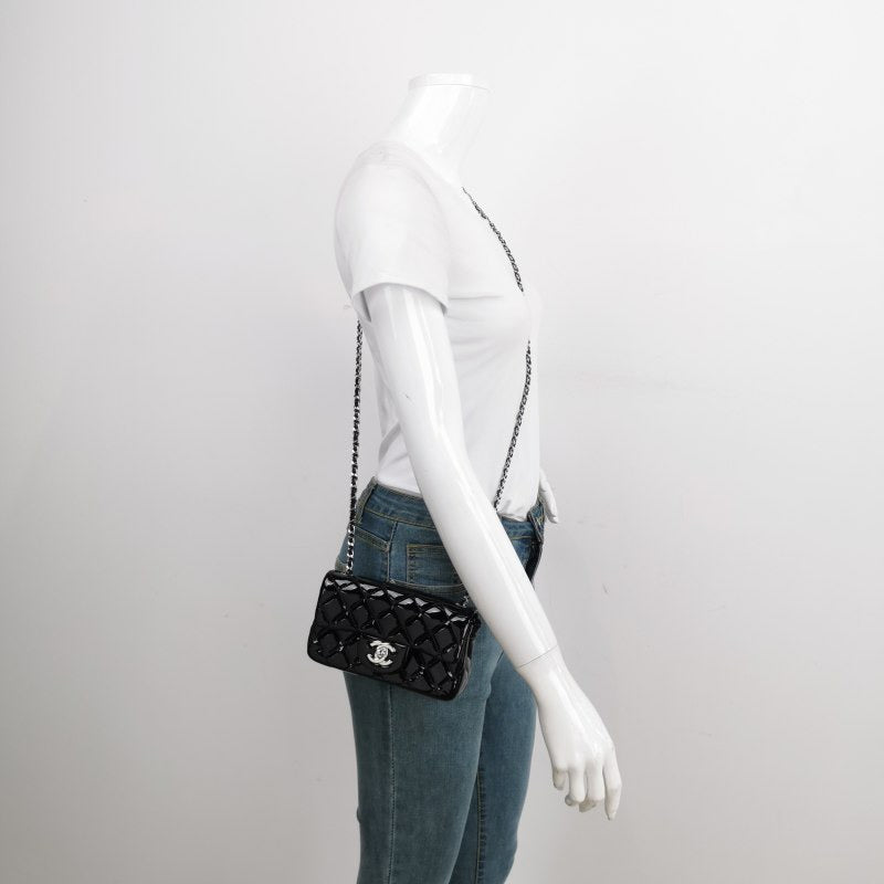 Chanel Classic Flap Rectangular Super Patent Hardware Black Silver Leather Mini Bag