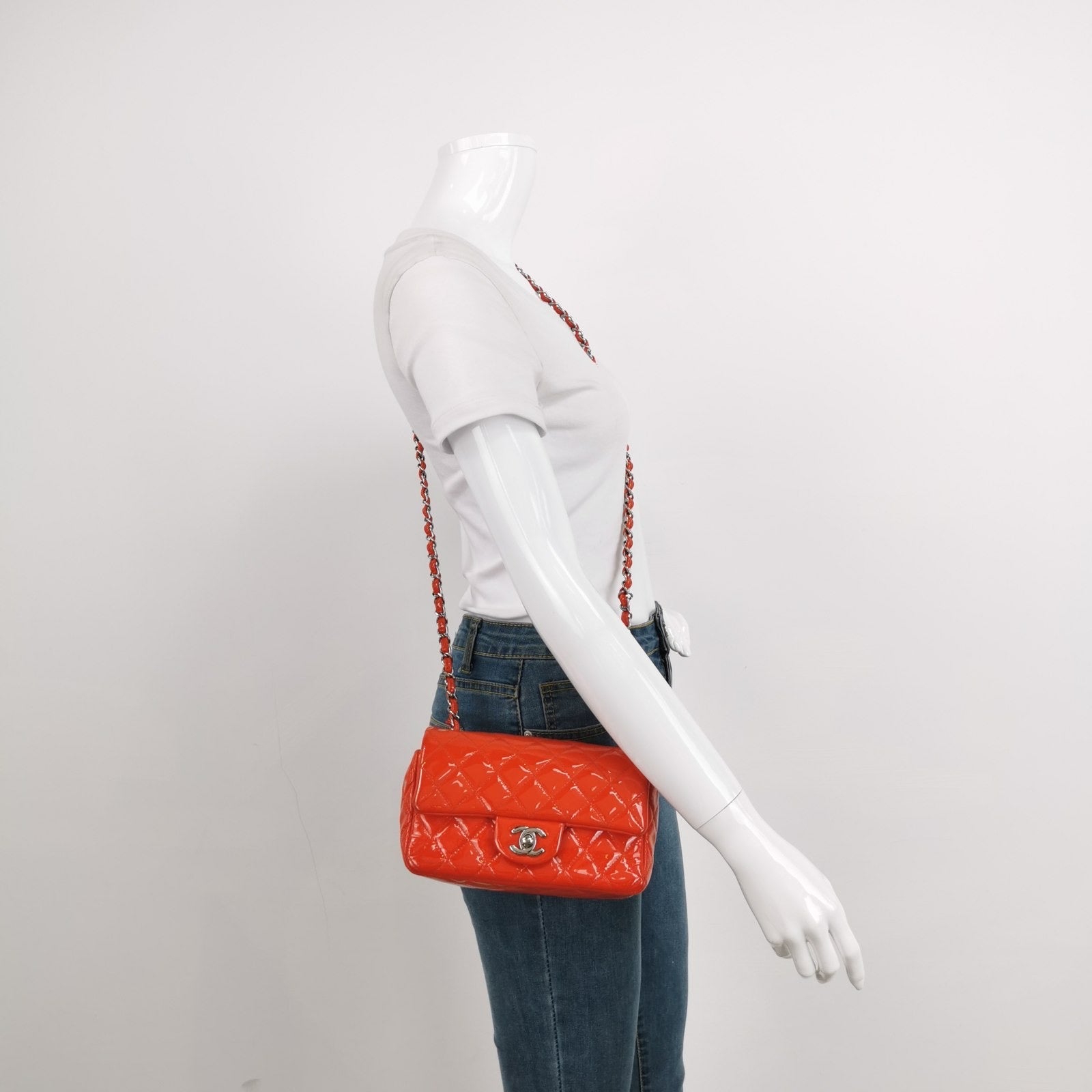 Chanel Classic Flap Square Patent Orange Leather Handbag