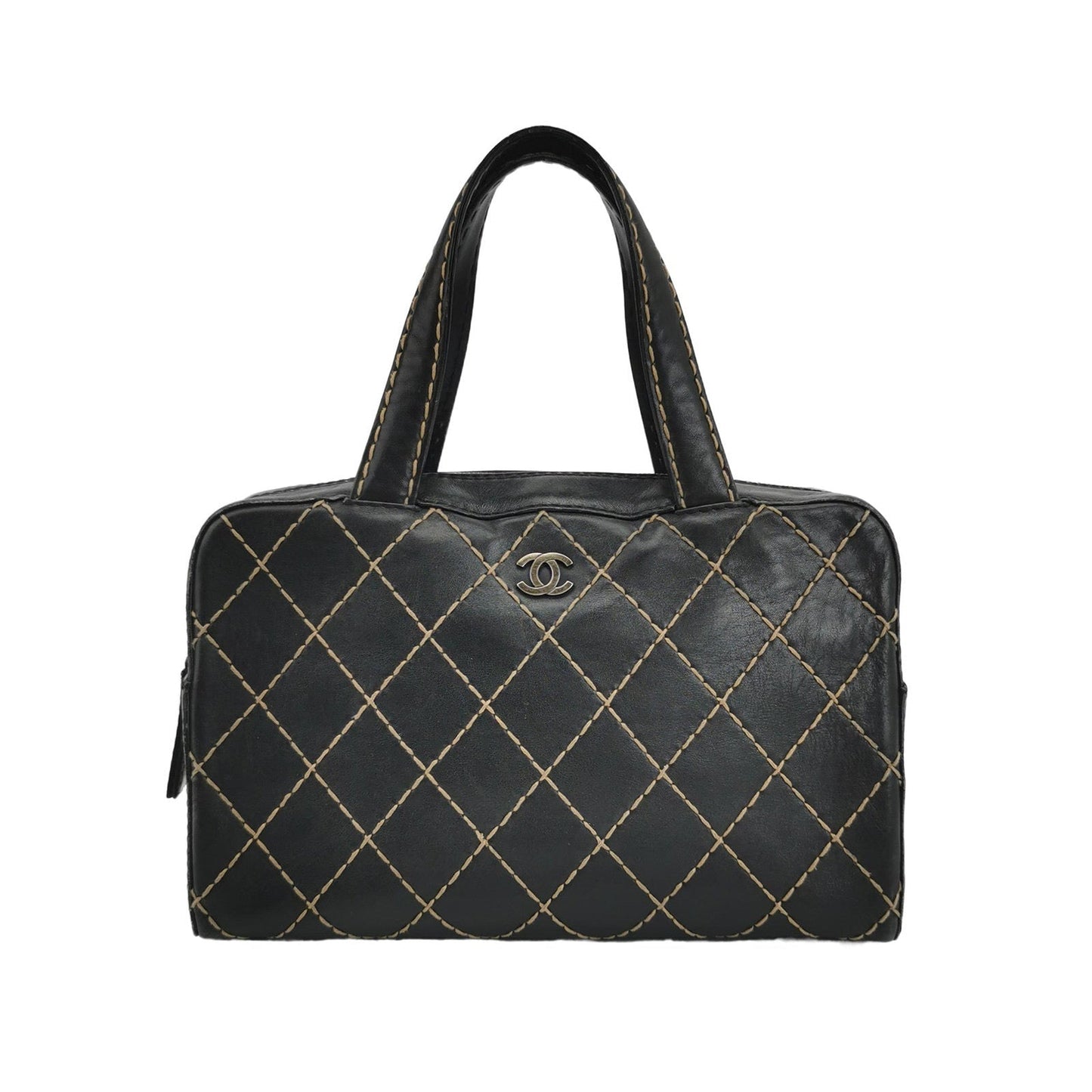 Chanel Surpique Zip Around Satchel Quilted Wild Black Leather Satchel Bag