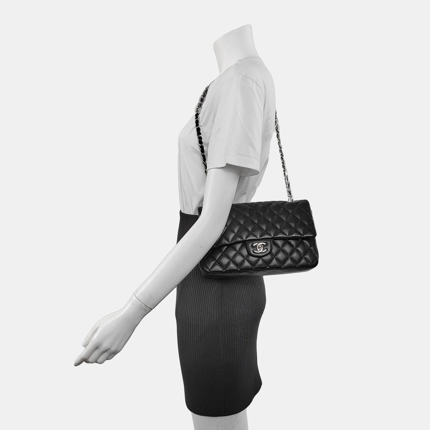 Chanel Timeless Classic Flap Lambskin Hardware Black Silver Leather Handbag Silver Hardware