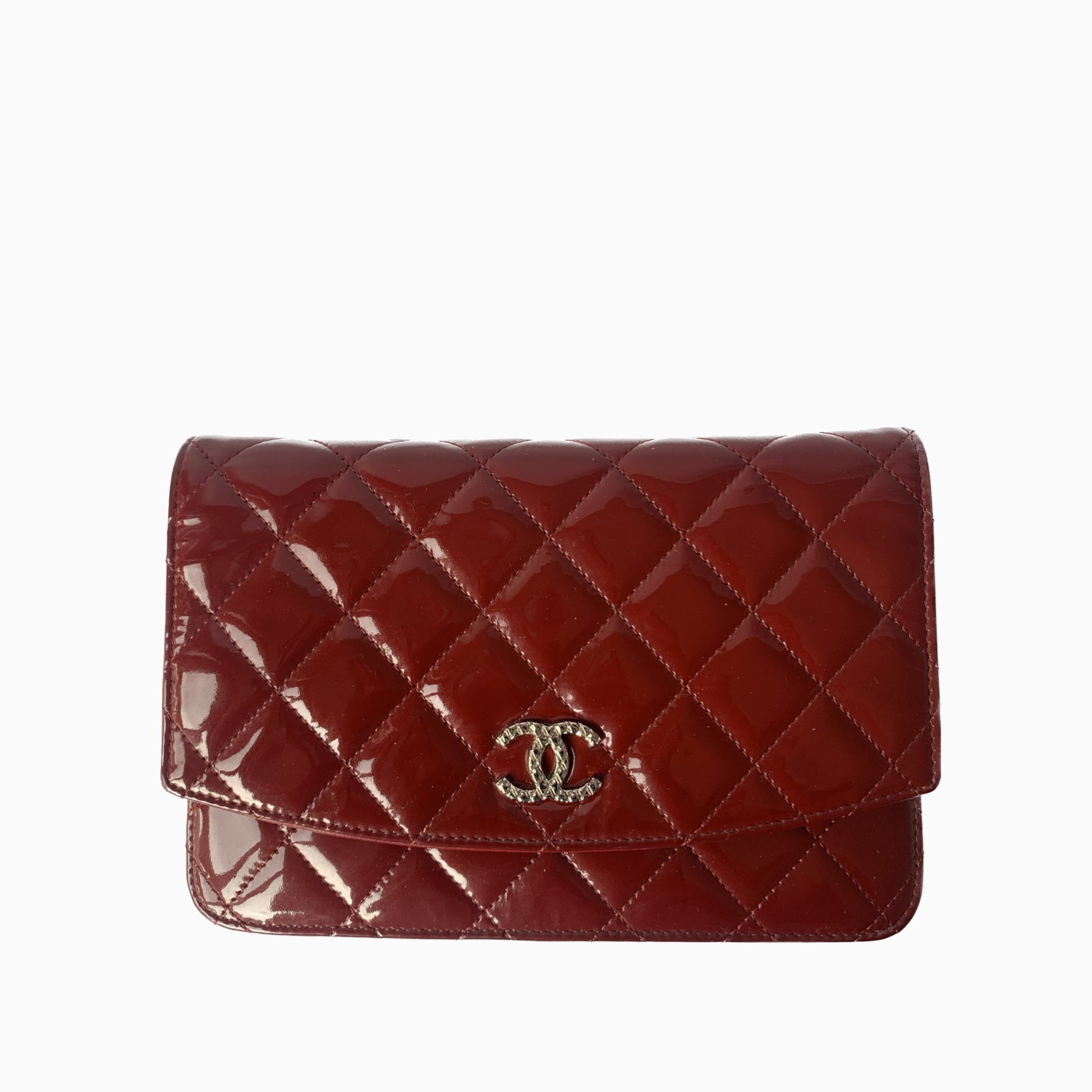 Chanel On Chains WOC Timeless Classic Patent Red Gold Leather Wallet Case