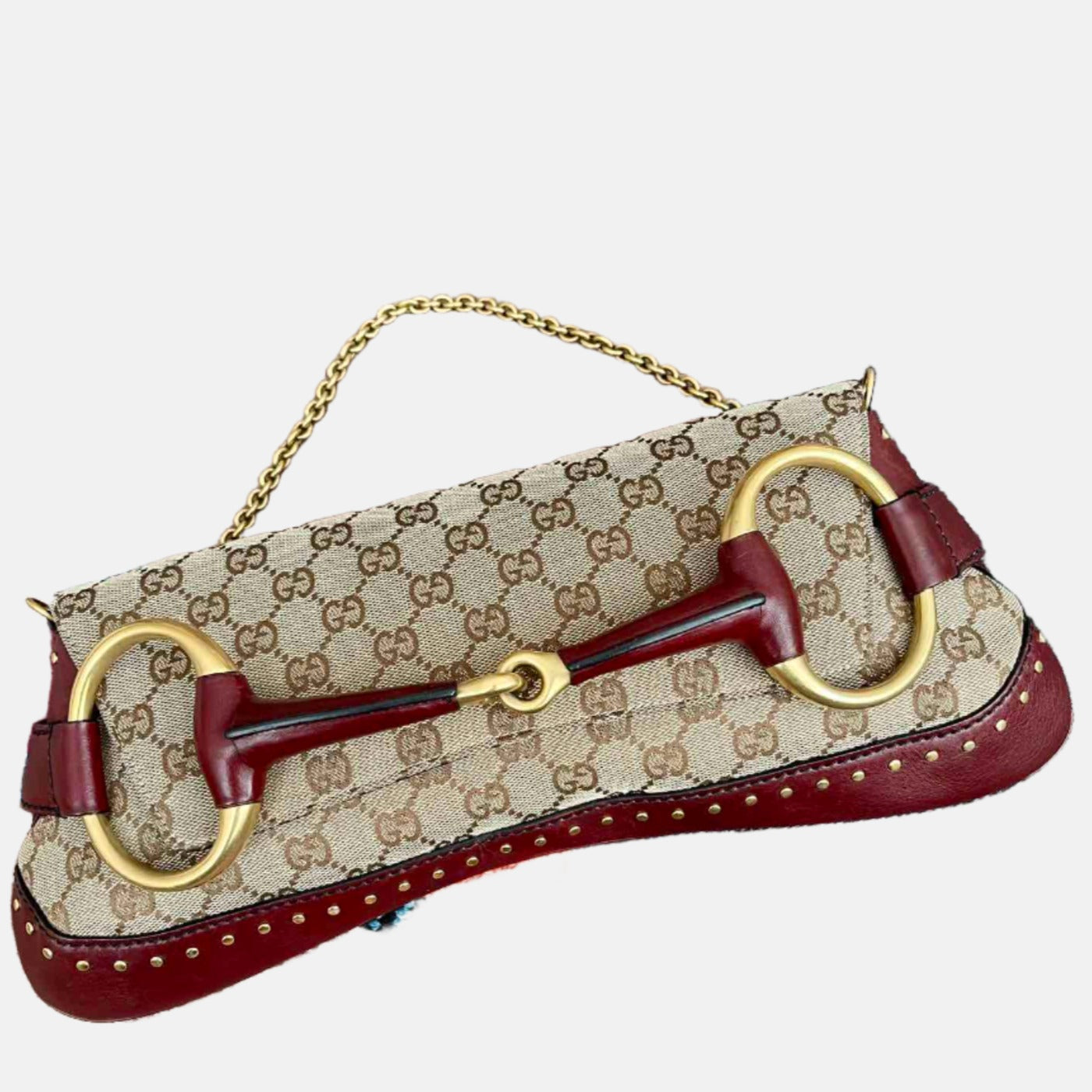 Gucci Horsebit Cloth Burgundy Monogram Leather Beige Large Shoulder Bag