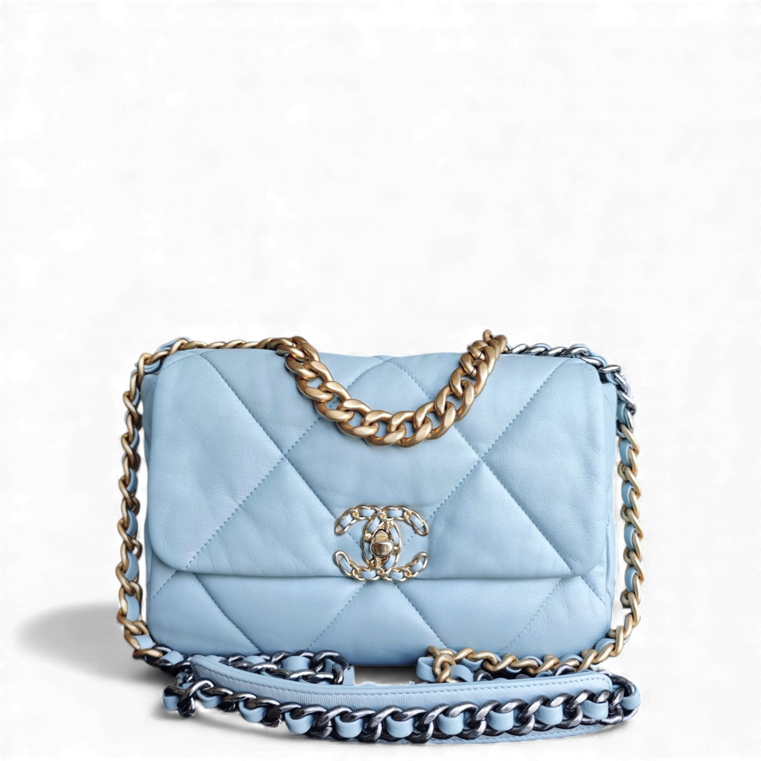 Chanel 19 Bag Goatskin Light Two-Tone Hardware Microchip Quilted Blue Handbag