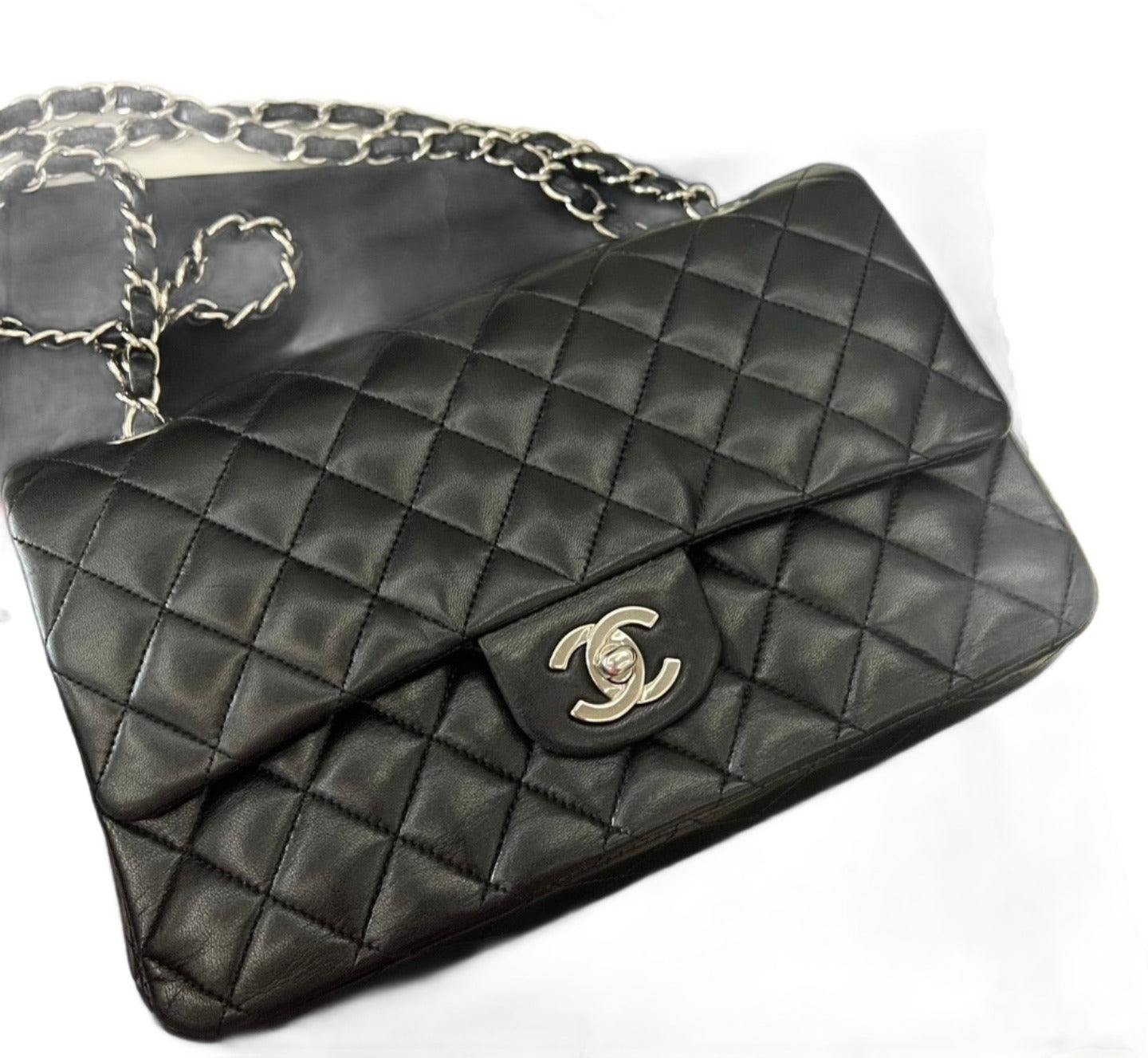 Chanel Classic Flap lambskin hardware Black Silver Leather Handbag