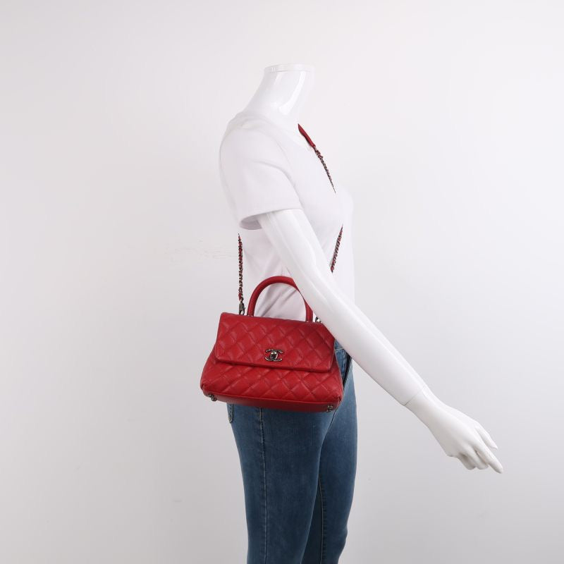Chanel Coco Handle Caviar Hardware Red Silver Small Leather Handbag