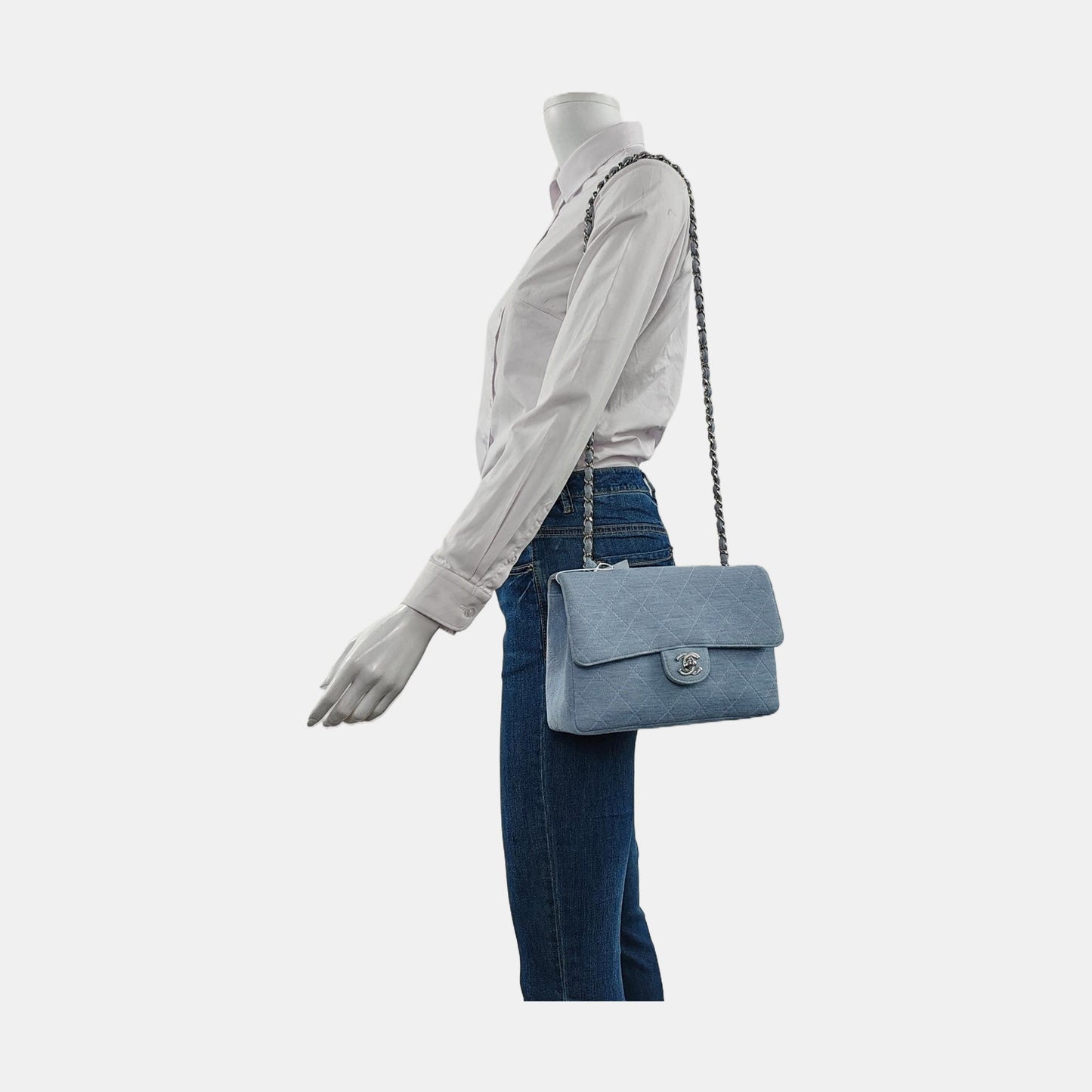 Chanel Classic Flap Sky Cotton Fabric Hardware Blue Silver Handbag