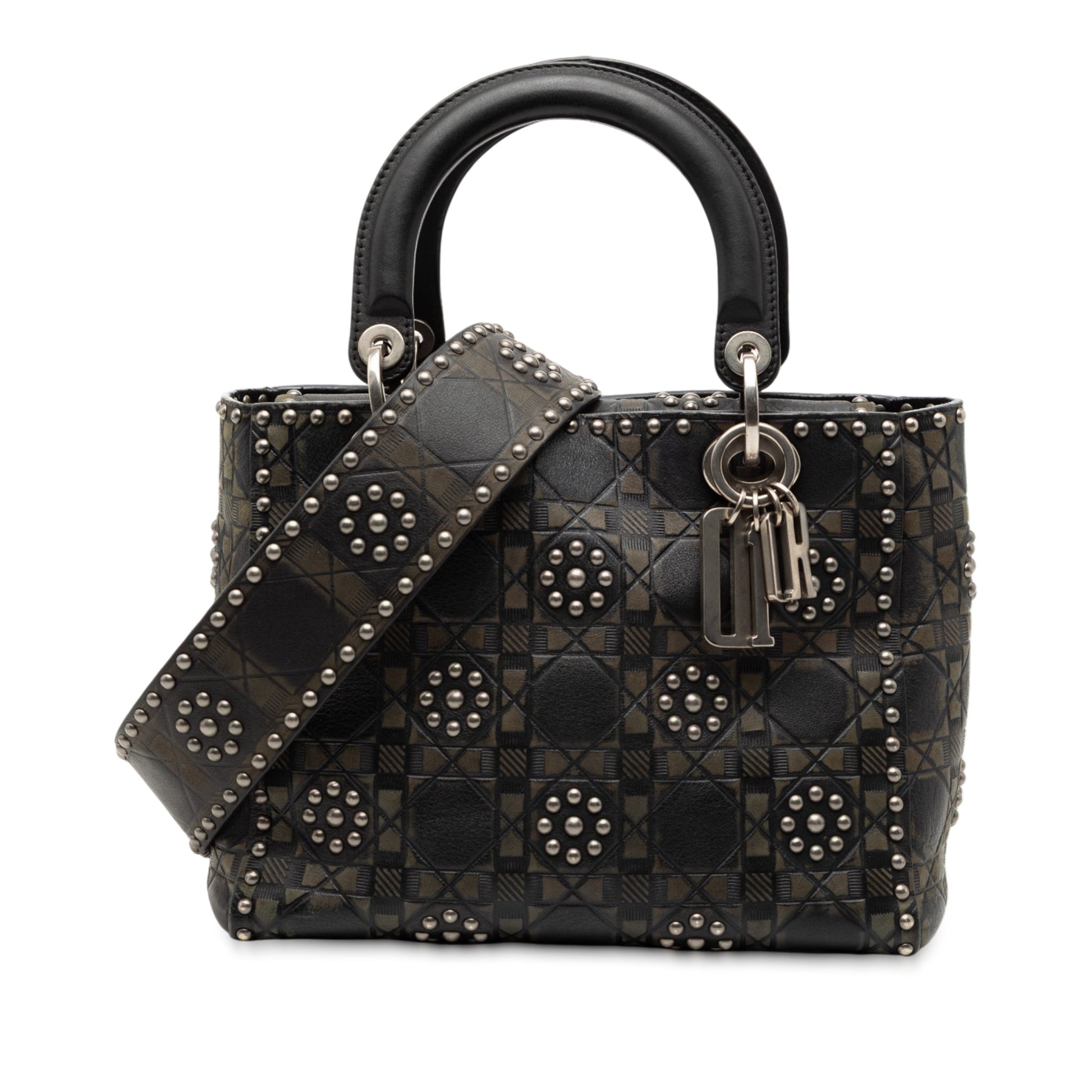 Dior Handbag Calfskin Cannage Flower Studded Supple Lady Satchel Black Medium Embossed Satchel Bag