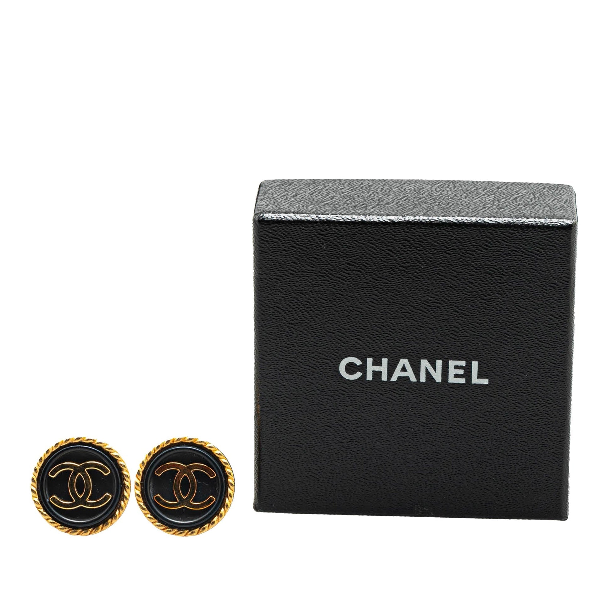Gold Chanel Gold Plated Acrylic CC Button Clip On Earrings