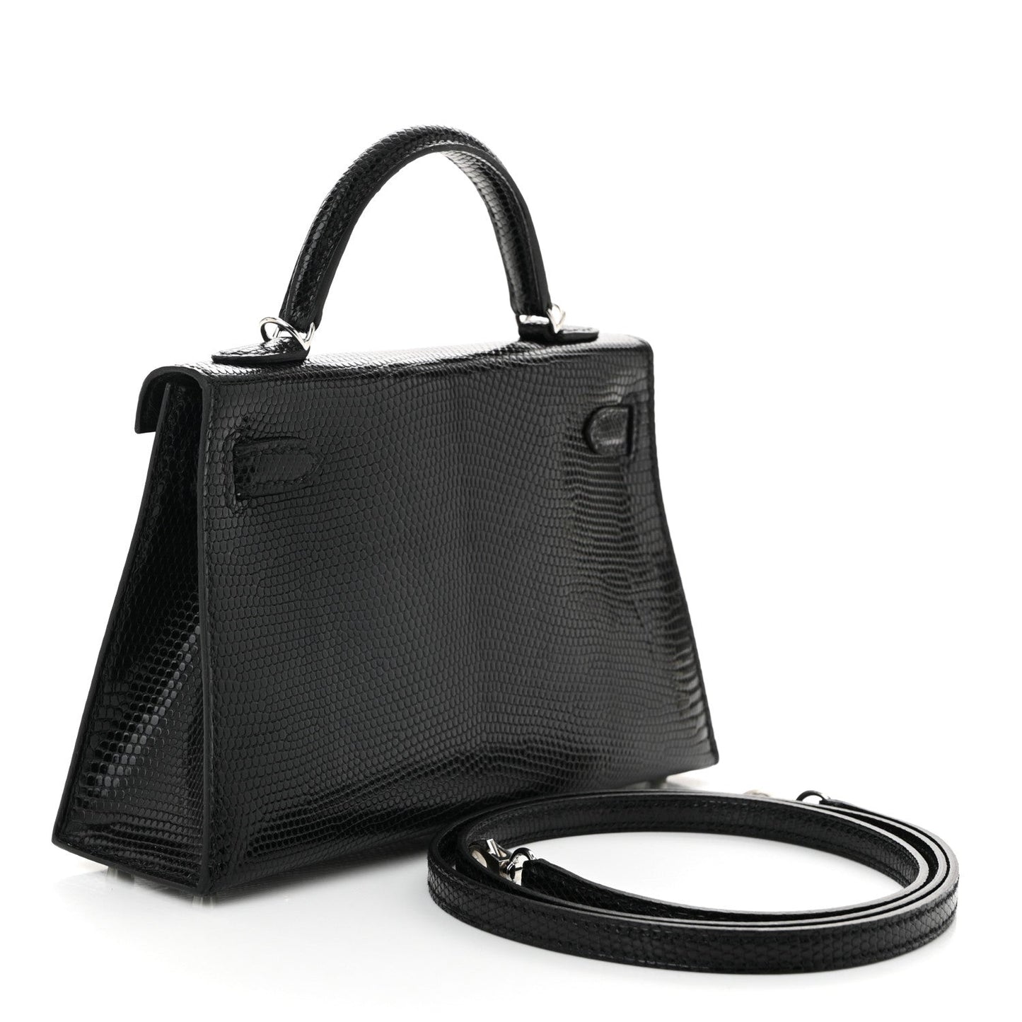 Hermes Shiny Lizard Kelly Sellier Handbag Black Mini Travel Bag