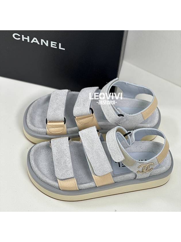 CC Logo Suede Velcro Sandals Blue Chanel