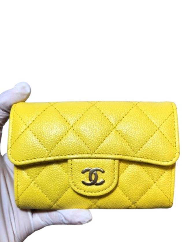 Classic Gold Logo Grained Shiny Calfskin Card Wallet Yellow Chanel