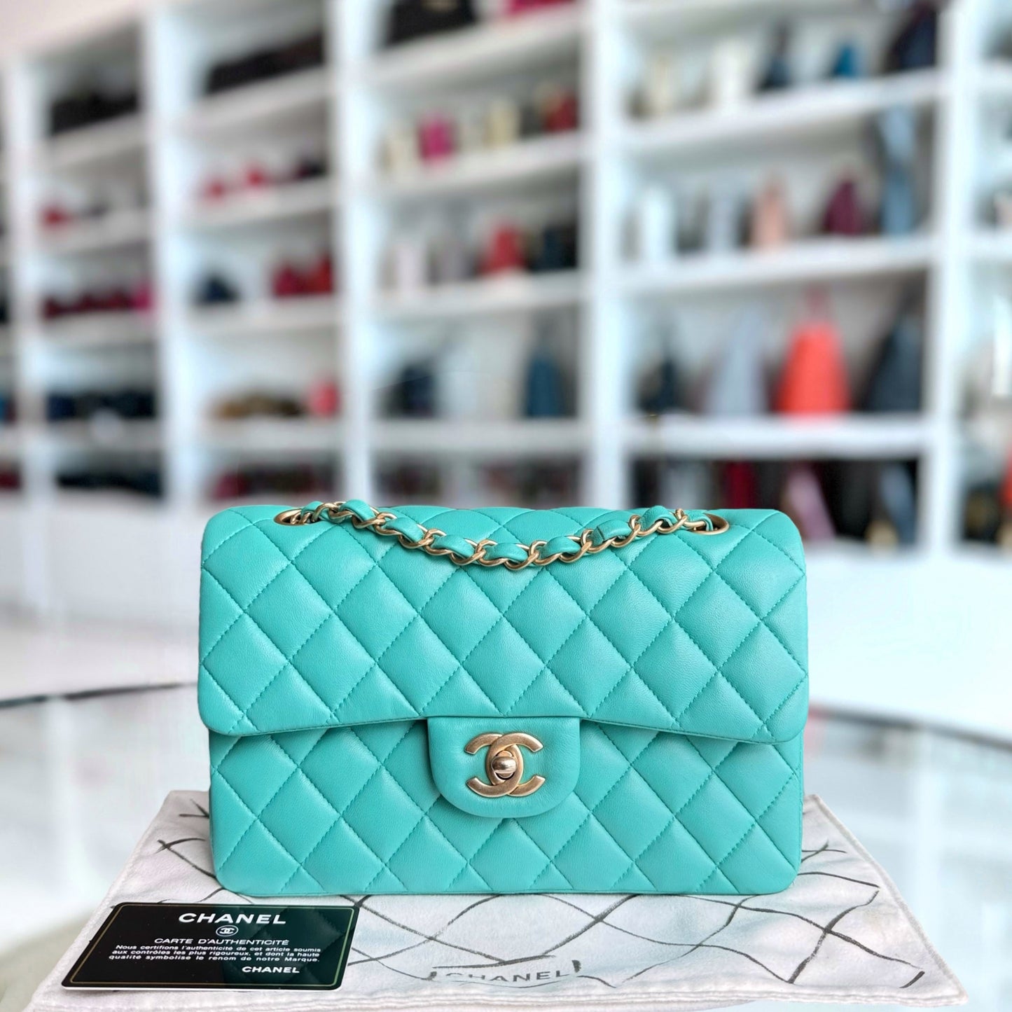 Chanel Classic Flap Small - 23CM Quilted Lambskin Blue Green Gold Hardware Series 27