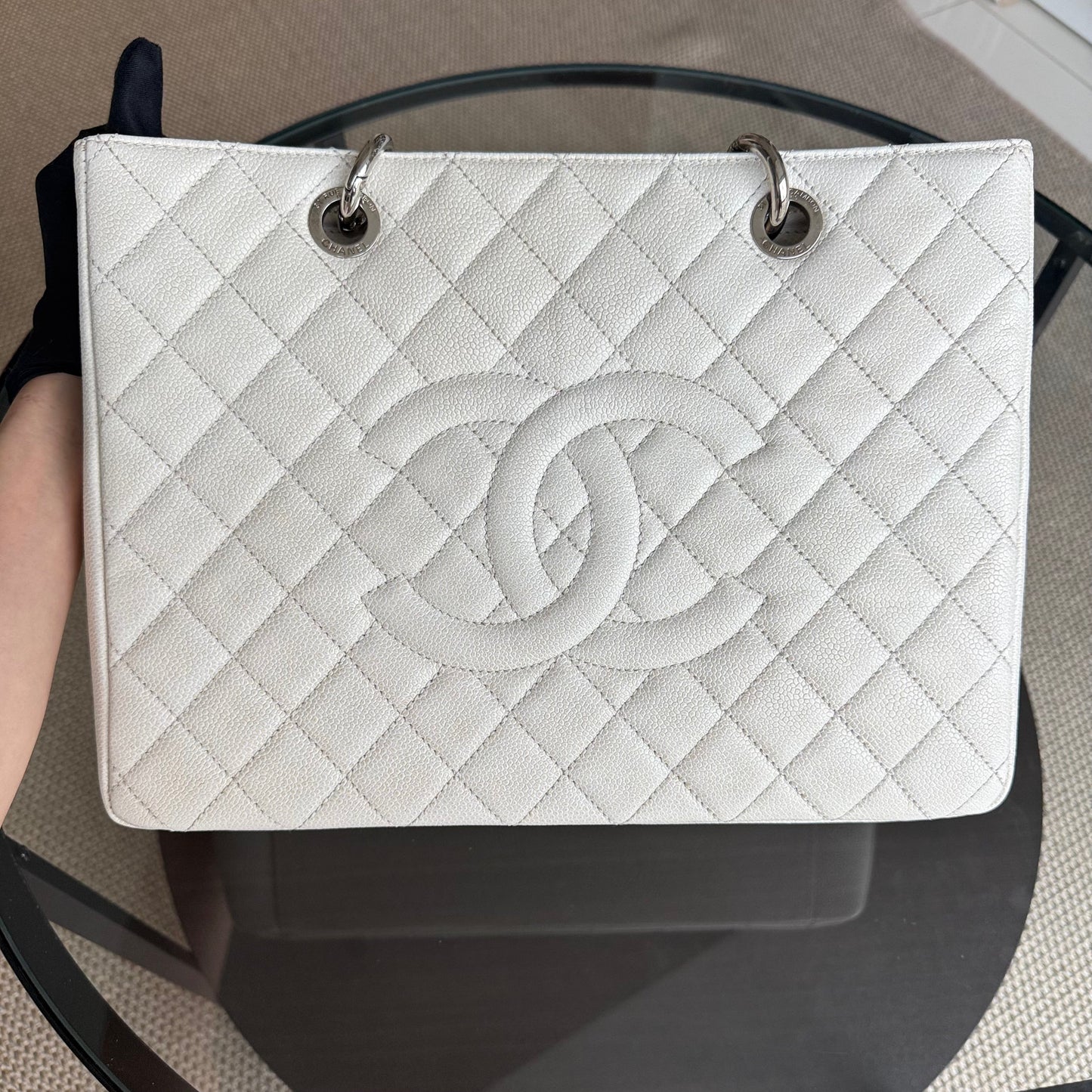 Chanel GST Grand Shopping Tote - Caviar Hardware Quilted White Tote Bag