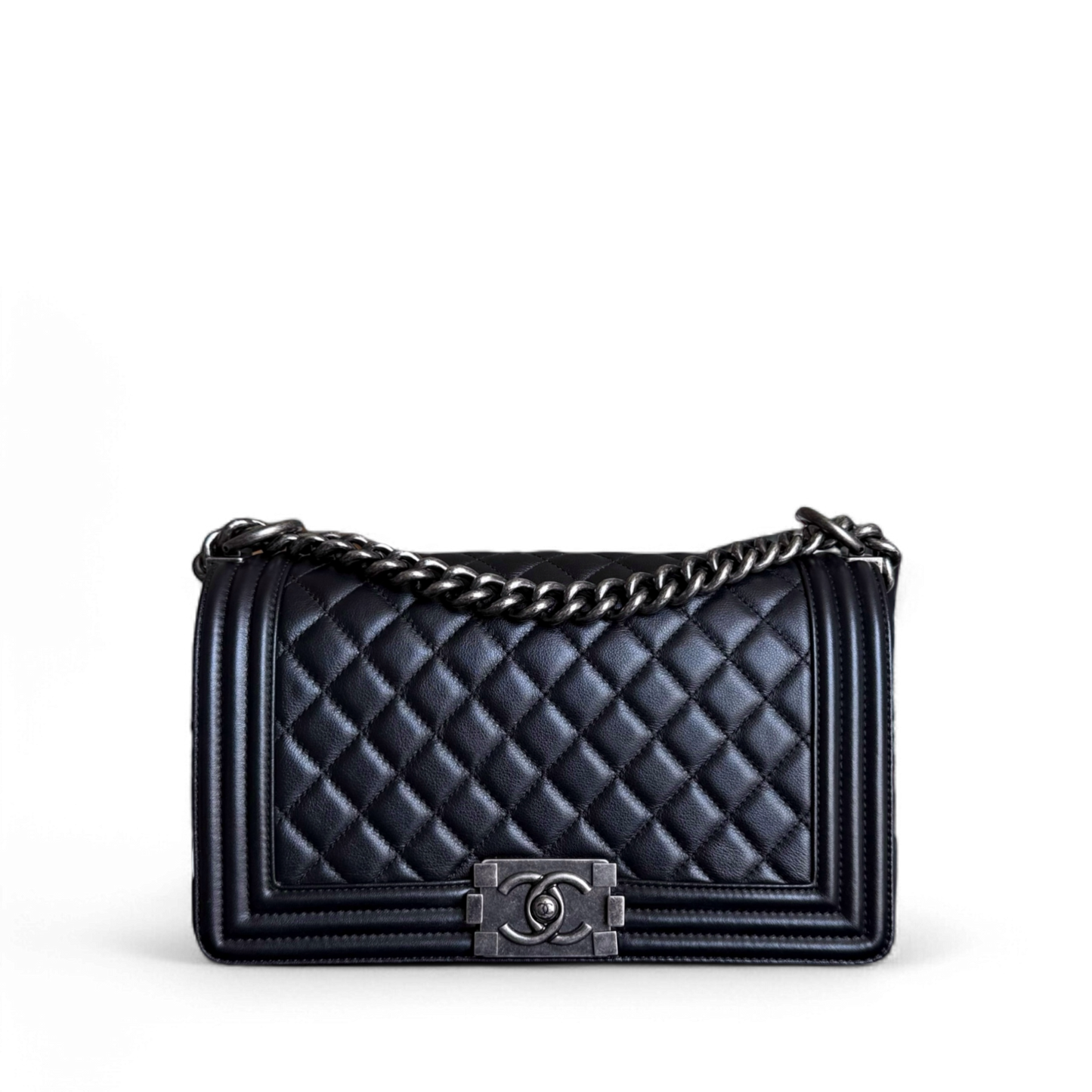 Chanel Boy Medium - Grained Calfskin 25CM Quilted Black Ruthenium Silver Hardware Series 24