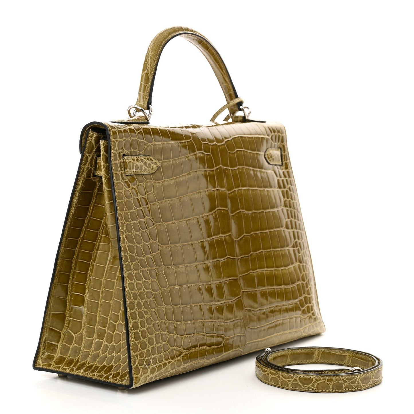 Hermes Shiny Porosus Crocodile Kelly Sellier Vert Anis Handbag Travel Bag