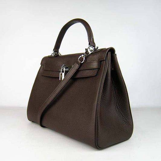 Hermes Luxury Kelly Cm Togo Dark Coffee Handbag Leather Silver Travel Bag
