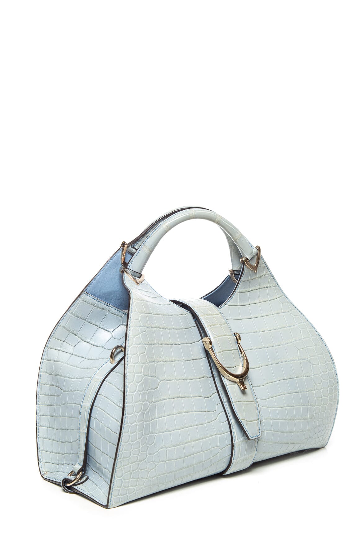 Gucci Crocodile Light Blue Medium Stirrup Top Handle Handbag