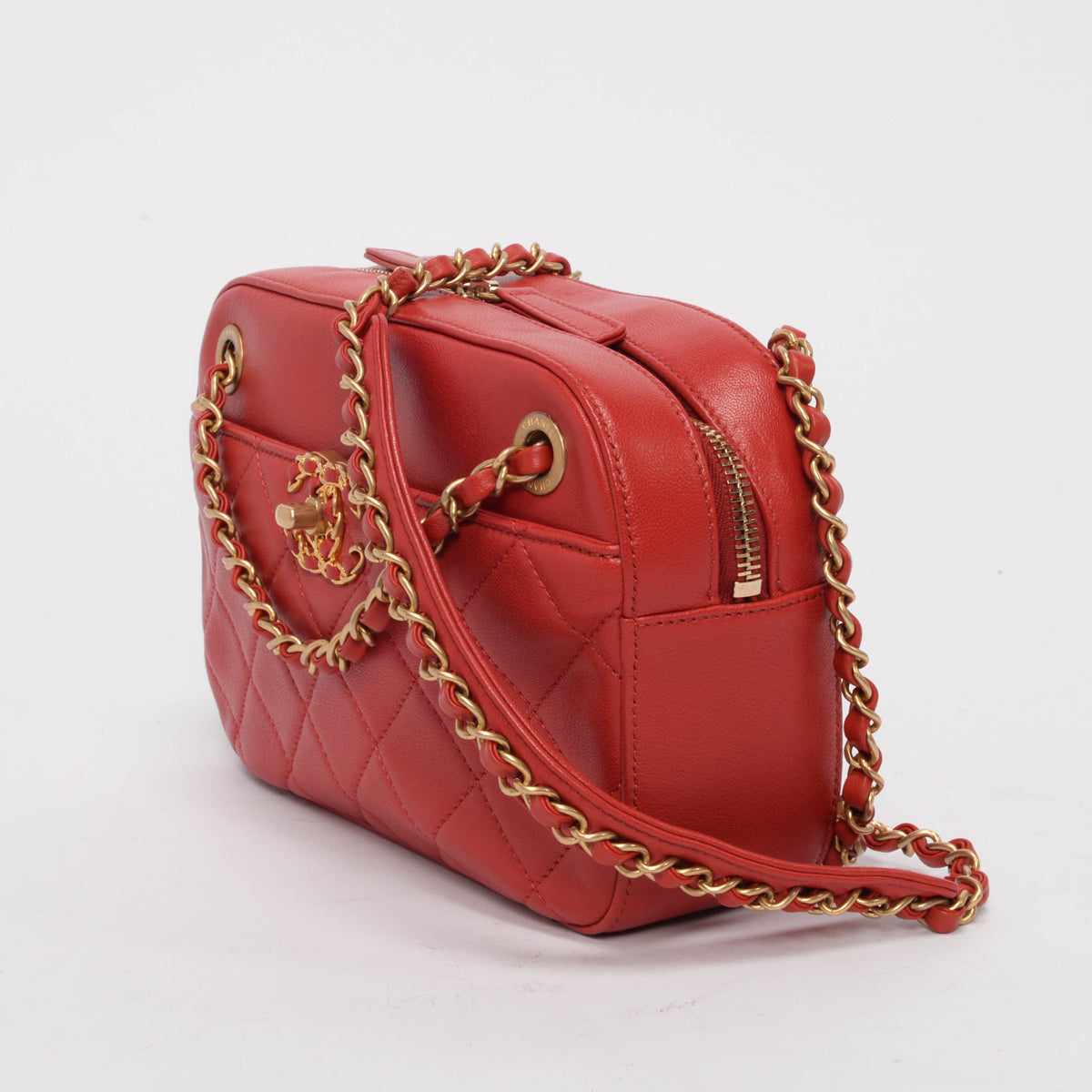 Chanel Red Quilted Lambskin Chain Infinity Camera Case Handbag