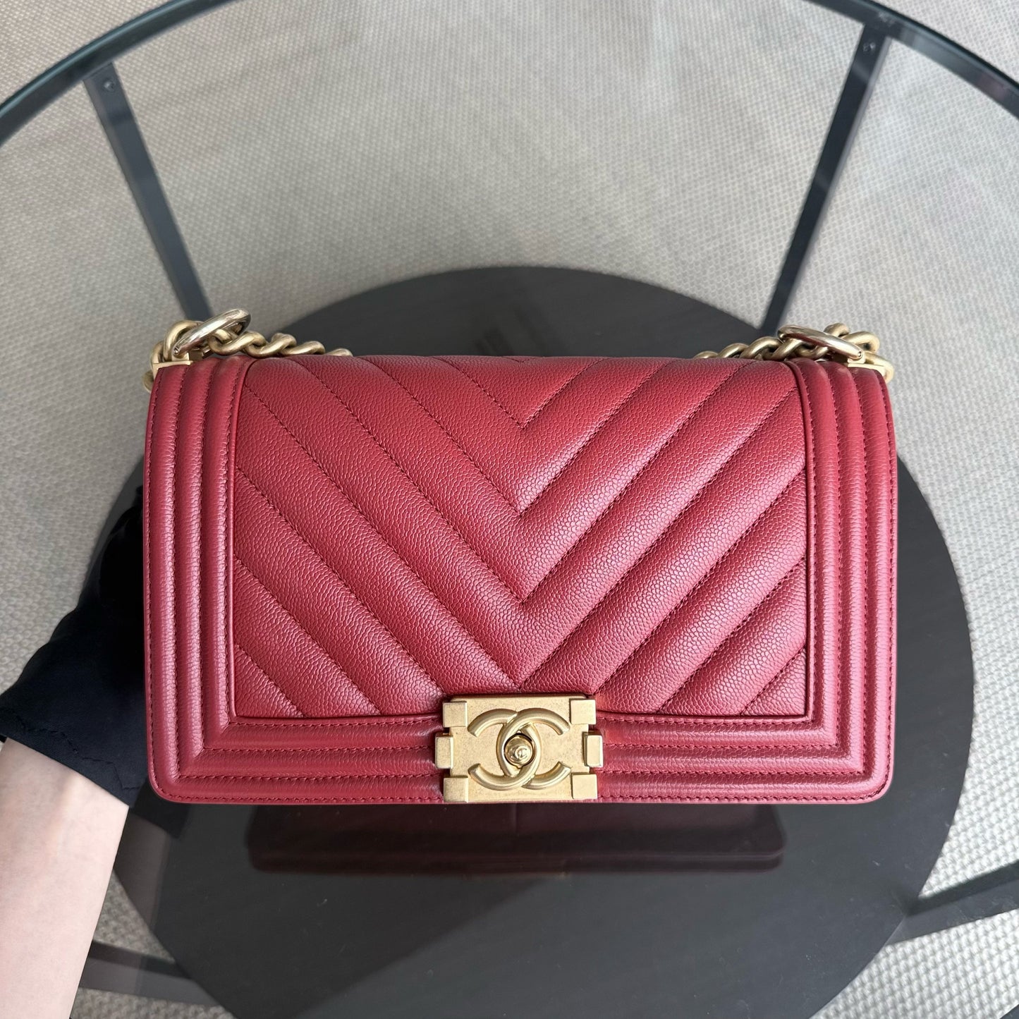 Chanel Boy Medium - 25CM Chevron Red Gold Hardware Series 25