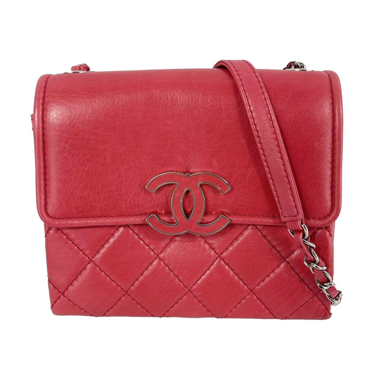 CHANEL - Mini Square New Quilted Lambskin Shoulder Crossbody - Pink / Silver