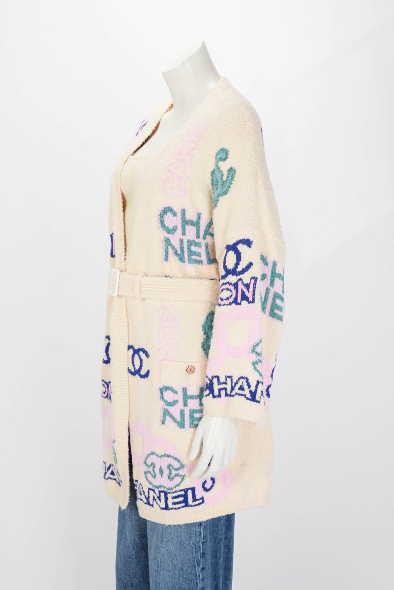 Chanel Multi Colour Cotton Logo Belted Cardigan Fr 42 Bag