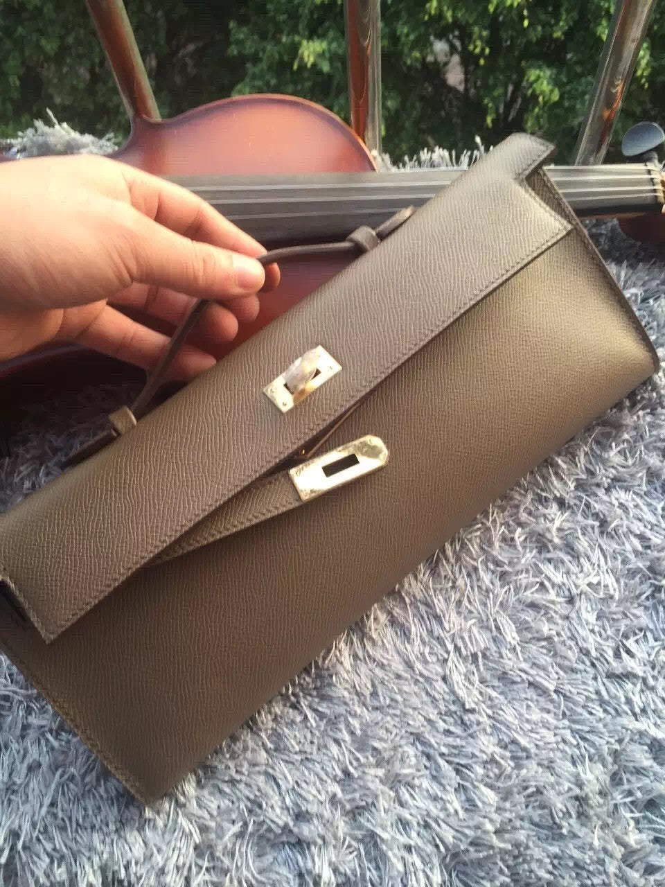 Hermes Luxury Etain Handcrafted Kelly Cut Clutch Handbag Clutch Bag