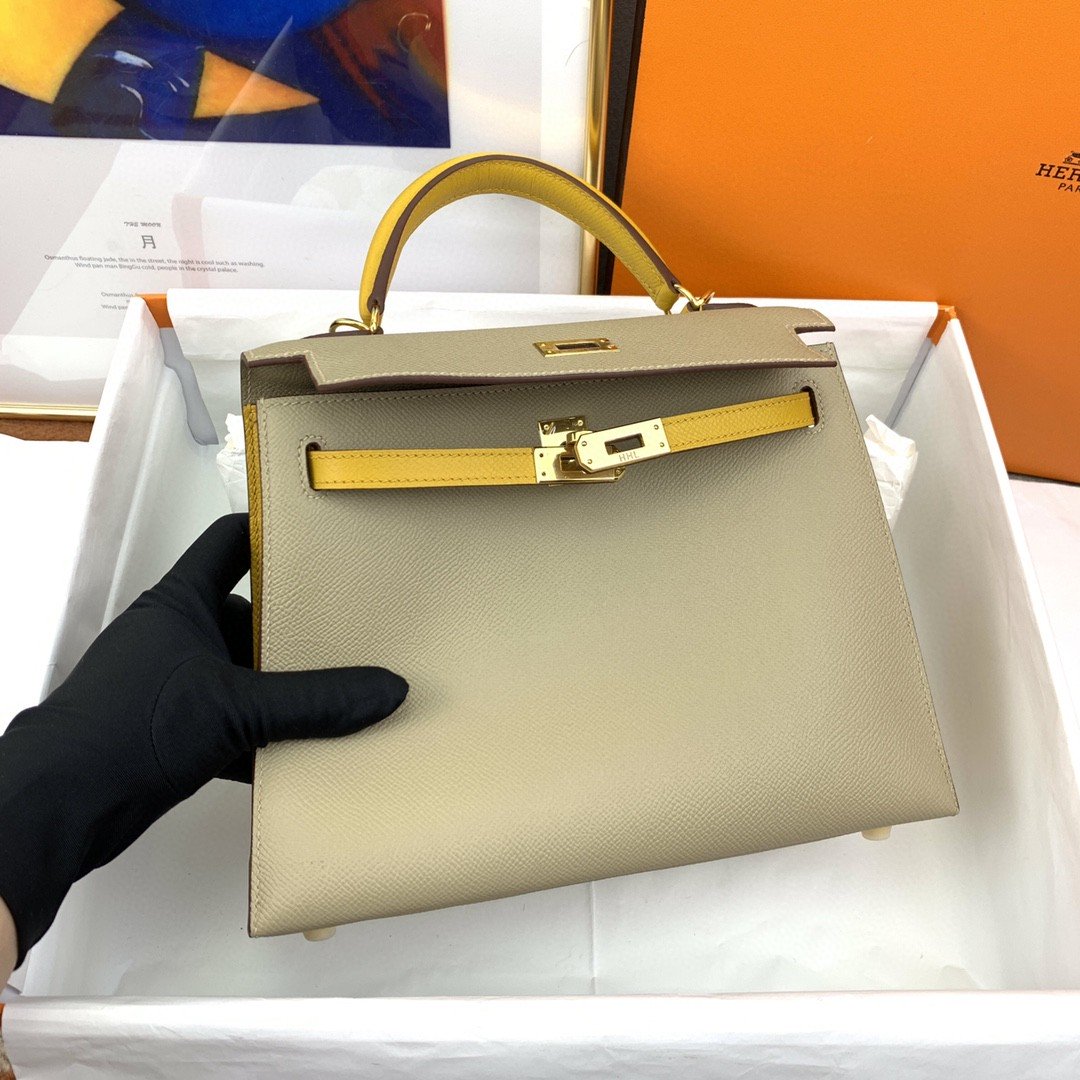 Top Quality Kelly Sellier Epsom Greige Yellow Shoulder Bag