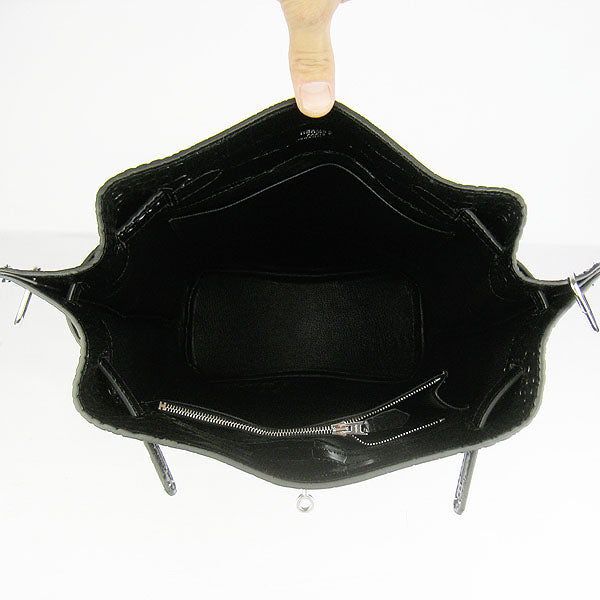Hermes Luxury Crocodile Vein Shoulder Bag Black Silver
