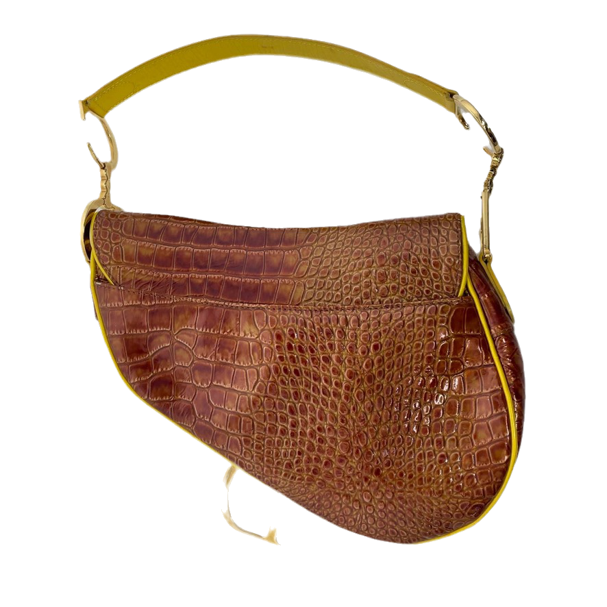 Dior Saddle Crocodile Embossed Handbag Leather Brown Travel Bag