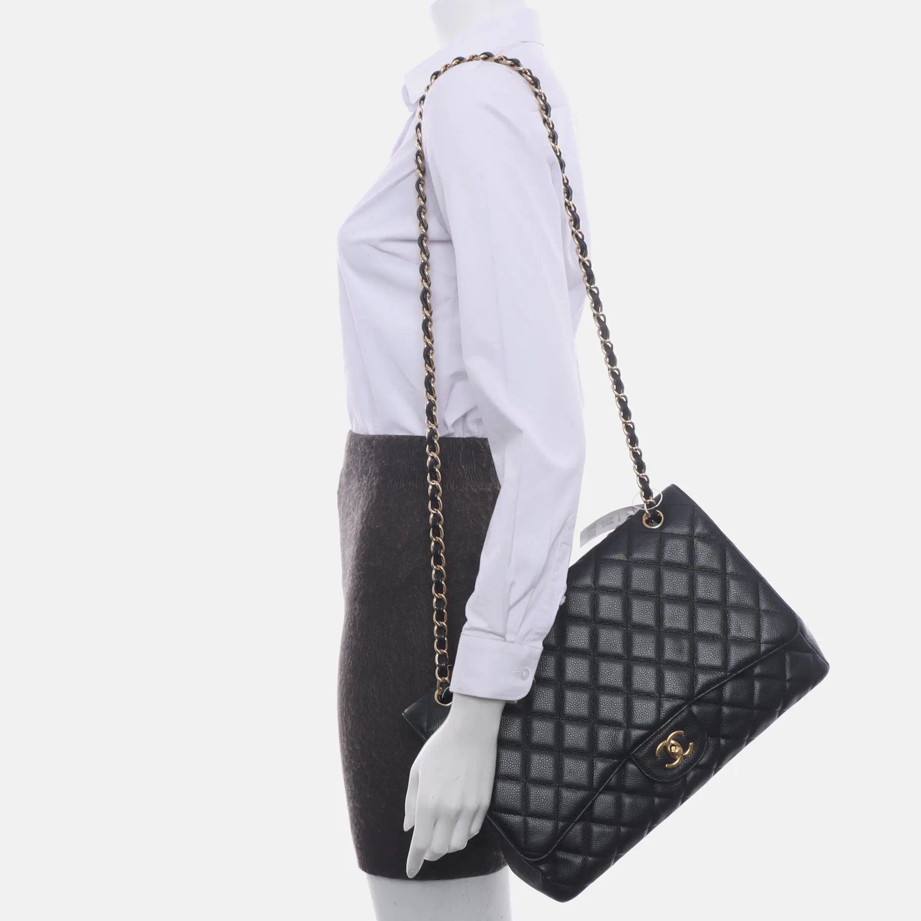 Chanel Classic Flap Maxi Caviar Single Flap Black Gold Leather Handbag Hardware 1