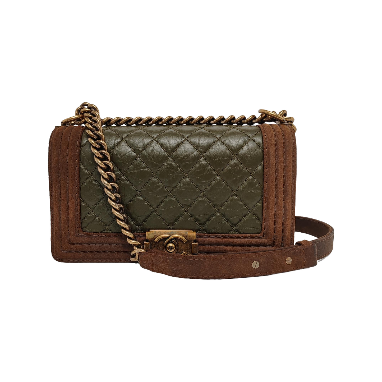 Chanel Le Boy Dark Calfskin Suede Hardware Brown Green Gold Leather Handbag
